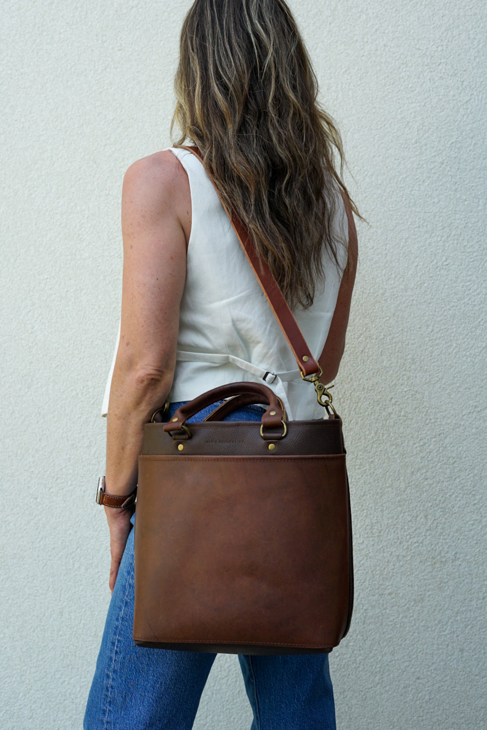 Stylish Two-Tone Handbag in Pebbled Brown & Dark Amber Harness Leather - Perfect for Work, Travel, and Everyday Use