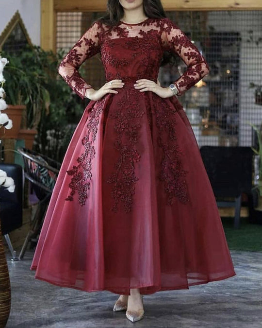 Elegant Burgundy Long Sleeve Lace Wedding Guest Dress 2025 - Ankle Length Prom Gown for Evening Parties, Cocktail Events & Formal Occasions