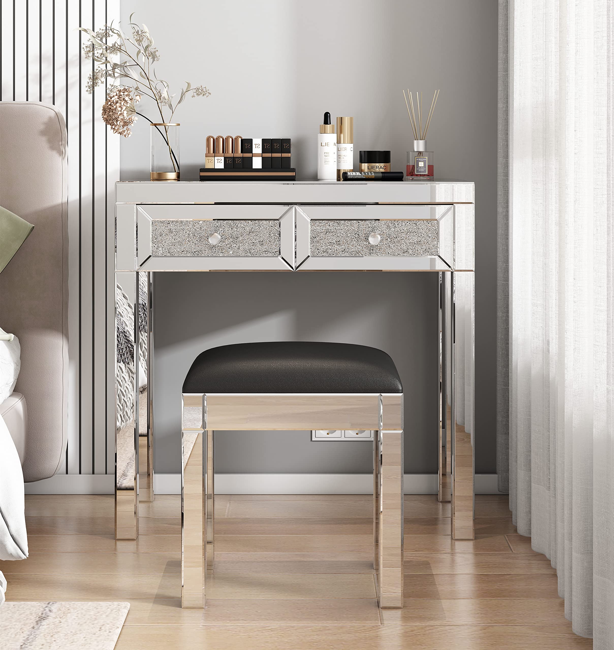 Mirrored Console Table Set with Chair - Elegant Makeup Vanity Desk for Women, 2-Drawer Media Console & Writing Desk with Crystal Knobs, Smooth Finish (Table & Stool) - Perfect for Bedroom, Home Office & Dressing Area