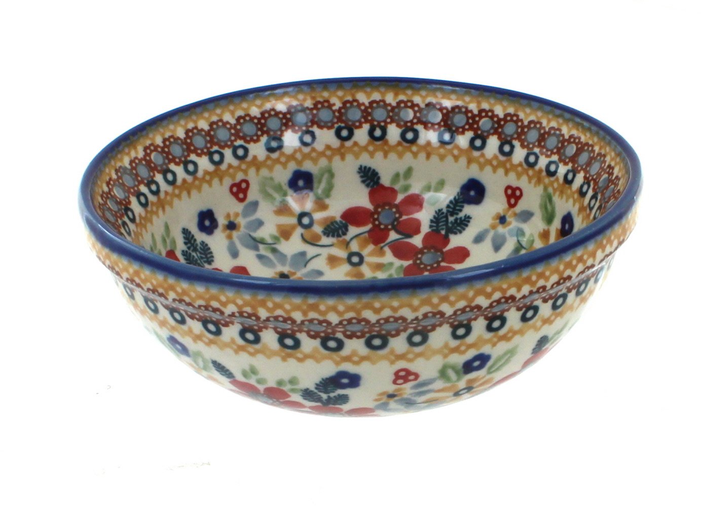 Handmade Blue Rose Polish Pottery Red Daisy Dessert Bowl - Elegant Ceramic Serving Dish for Ice Cream, Pudding & Fruit - Perfect for Parties, Tea Time & Home Decor