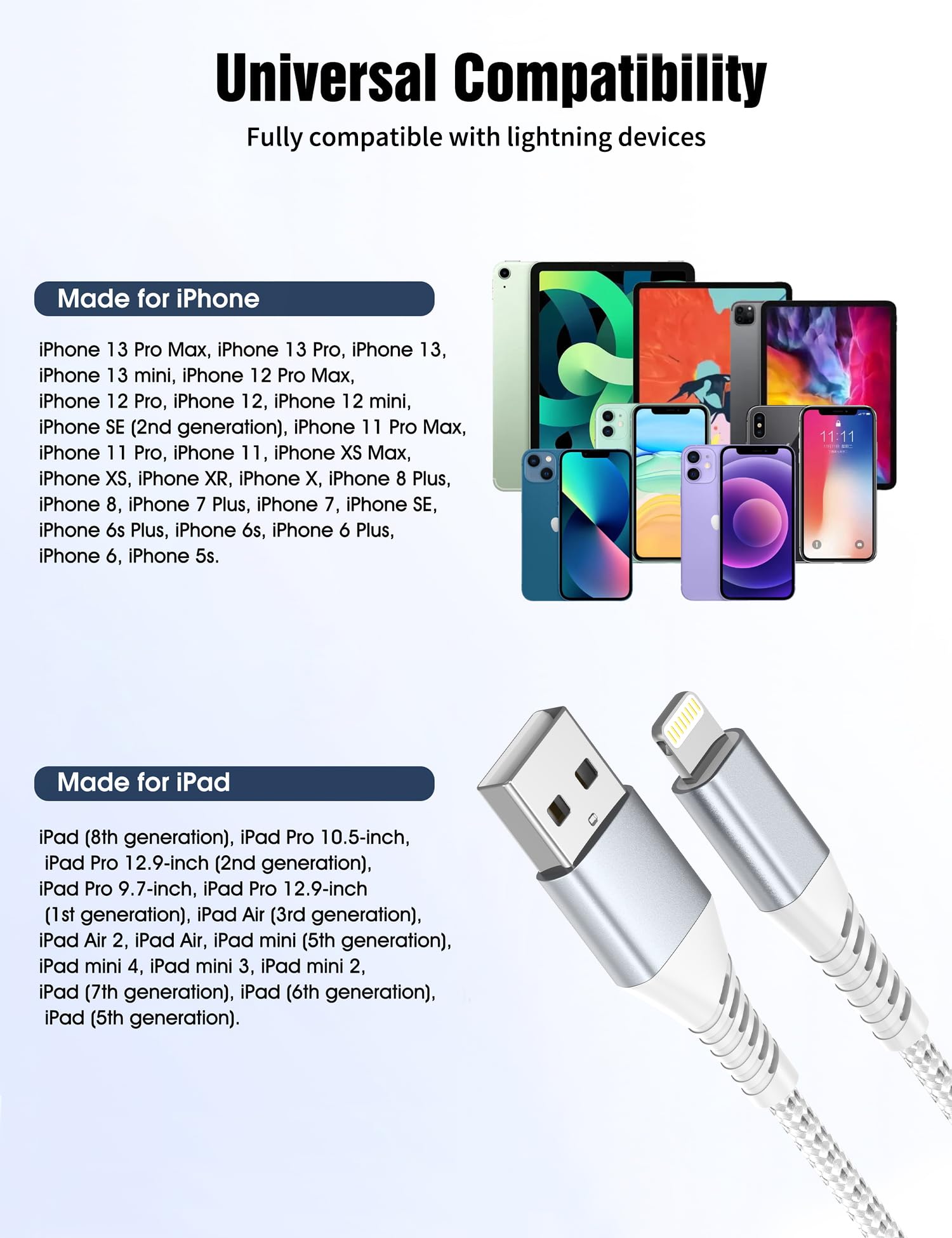 Premium 2FT Braided iPhone Charger Cable 3-Pack - USB A to Lightning Fast Charging Cord for iPhone 14/13/12/11 Pro Max, iPad & AirPods - Durable Silver Cables for Car, Home & Office Use