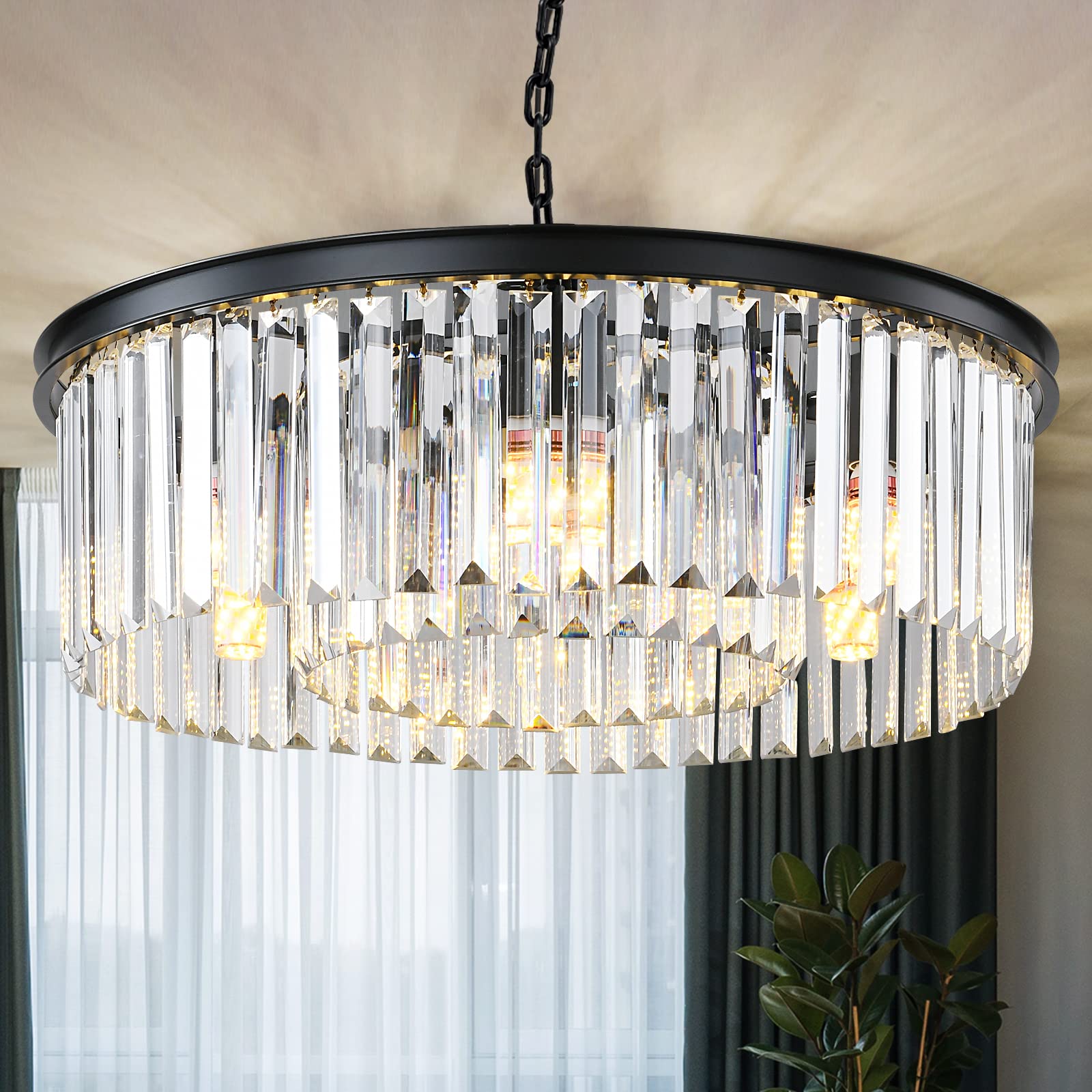 Modern Black Crystal Chandelier - 2-Tier Round Flush Mount Ceiling Light with Adjustable Height - Elegant Pendant Lighting for Dining Room, Living Room, Bedroom, Kitchen & Hotel Foyer - Perfect for Home Decor, Wedding Venues and Luxury Interior Design