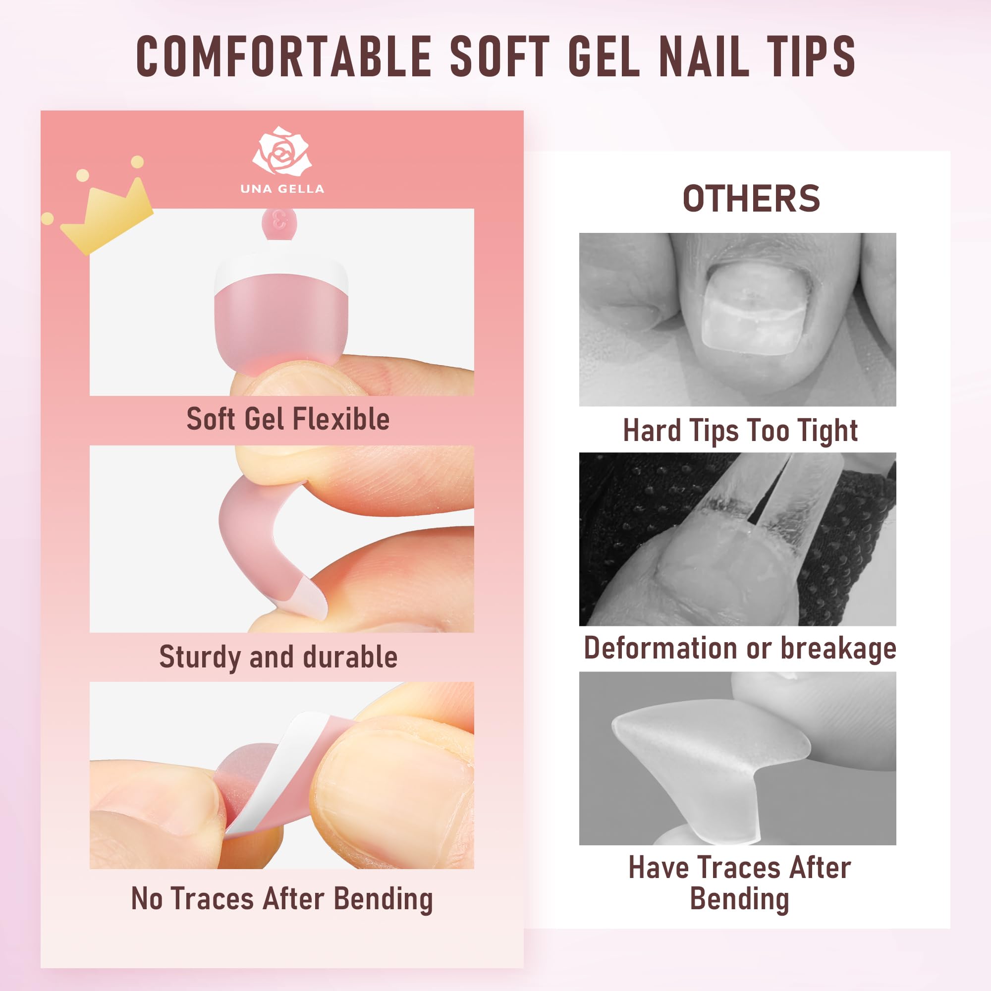 UNA GELLA Peach Pink French Tip Press On Toenails - 216pcs Soft Gel Nail Tips in 12 Sizes | DIY Salon & Home Manicure | Perfect for Pedicures, Parties & Summer Toes