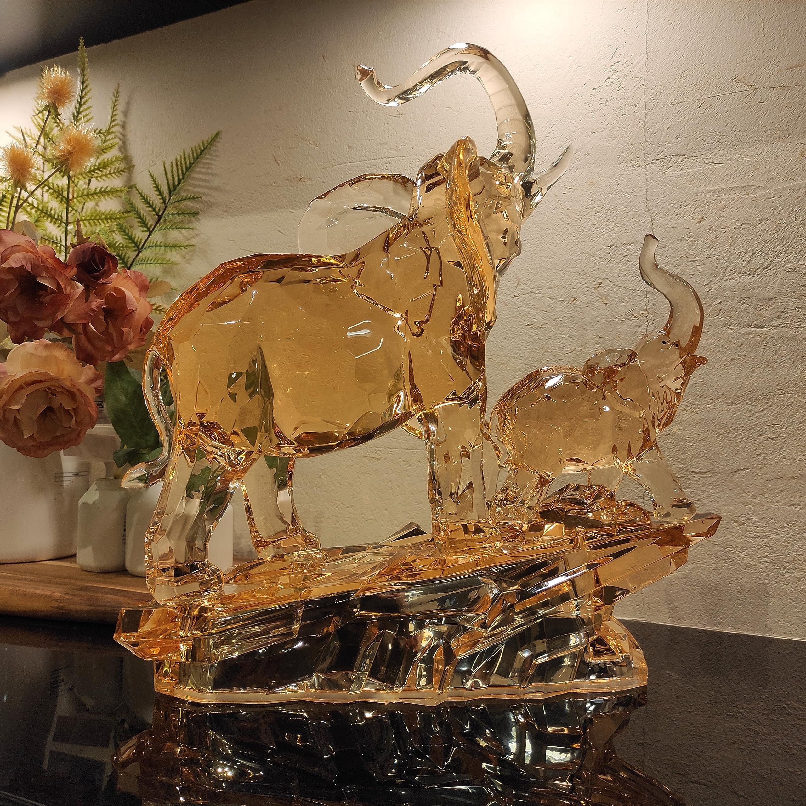 13.87'' Lucky Feng Shui Acrylic Elephant Statue - Mother & Baby African Elephant Figurine with Raised Trunk, Home Decor Gift for Mom, Housewarming, Office Desk & Meditation Space Decoration
