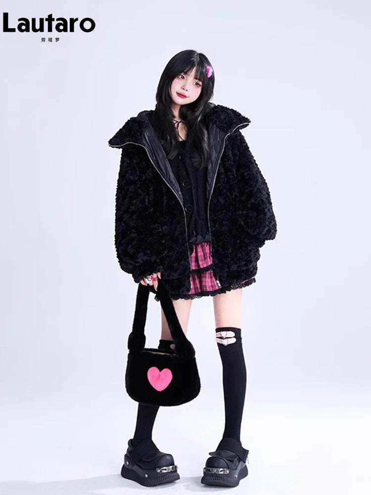 2023 Women's Black Faux Fur Coat with Bunny Ears - Soft Fluffy Winter Jacket, Warm Fuzzy Hoodie for Autumn & Winter | Perfect for Cold Weather, Holiday Parties & Casual Outings