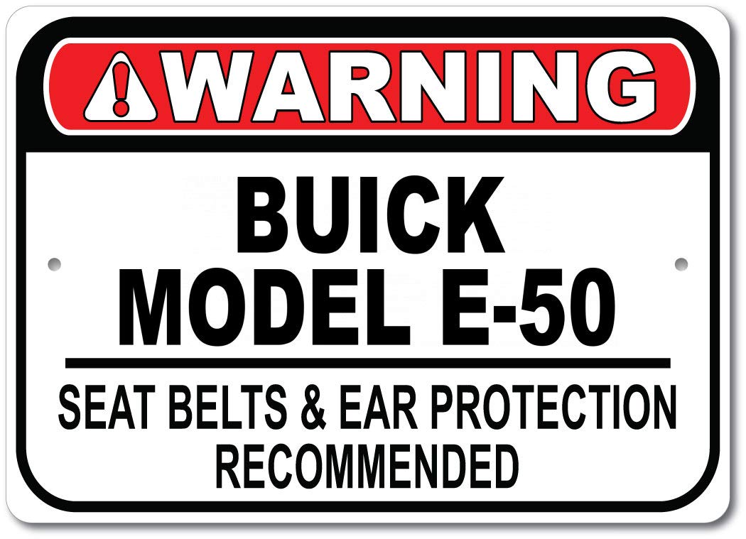 Buick Model E-50 Seat Belt Recommended Fast Car Sign - Vintage Metal Garage Wall Decor for GM Car Enthusiasts - 10x14 Inches - Perfect for Man Cave, Auto Shop & Car Collector Display