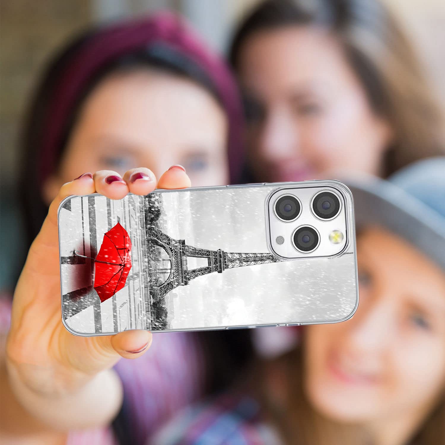 Shockproof Slim Clear TPU Phone Case for iPhone 13 Pro Max 6.7 Inch - Paris Eiffel Tower Rain Red Umbrella Design | Protective Cover for Everyday Use, Travel & Outdoor Activities