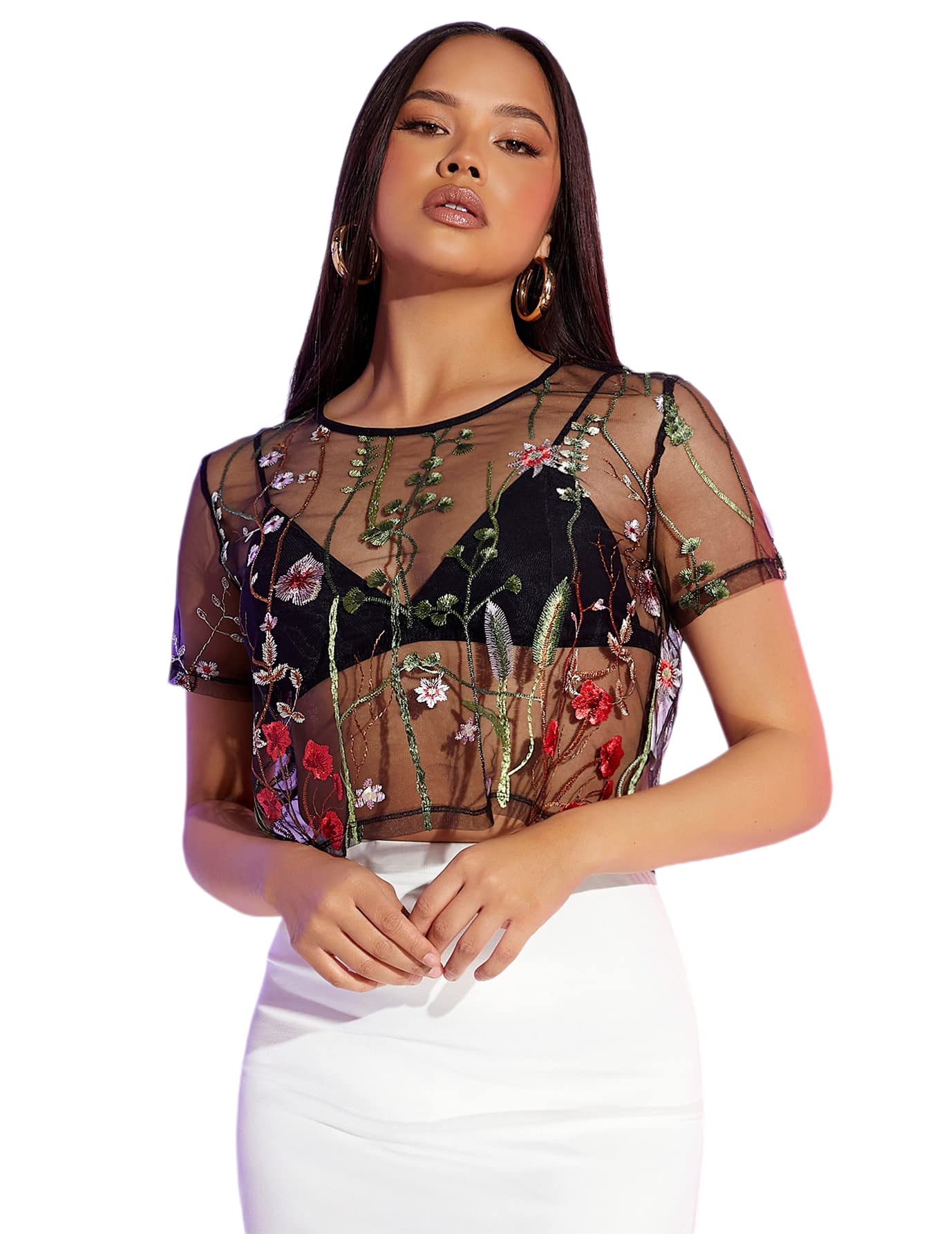 Romwe Women's Floral Print Embroidery Sheer Mesh Lace Crop Top Blouse - Sexy Summer Cover Up for Beach, Party & Date Night Outfits