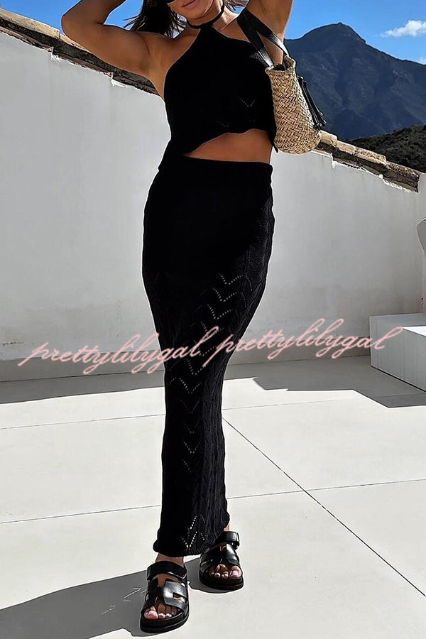 Stylish Solid Knit Hollow Halter Top & Stretch Fit Maxi Skirt Set for Women | Summer Beach Outfit, Boho Chic Look, Casual Wear
