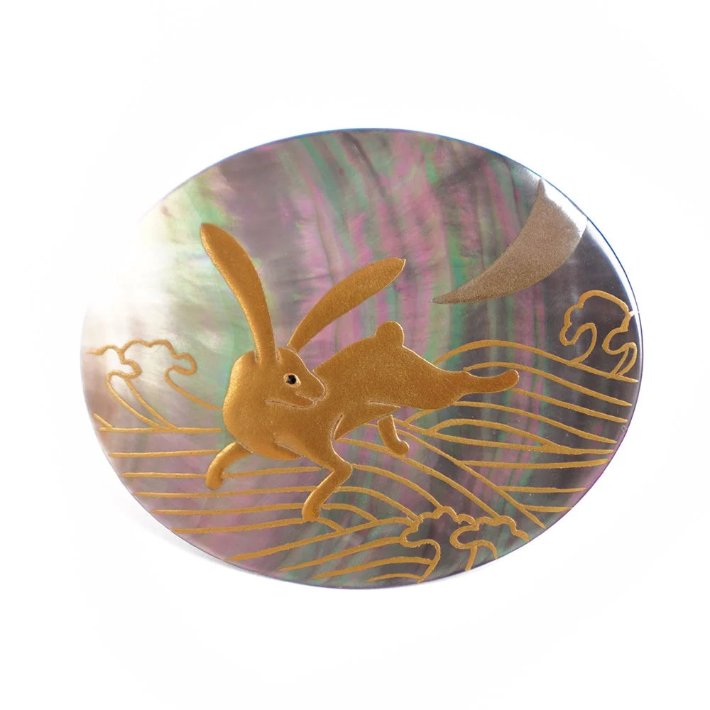 Handcrafted Japanese Maki-e Urushi Lacquer Brooch with Black Lip Oyster Pearl Shell & Rabbit Design - Traditional Artisan Jewelry for Women | Perfect for Formal Occasions, Gift Giving & Cultural Fashion Statements