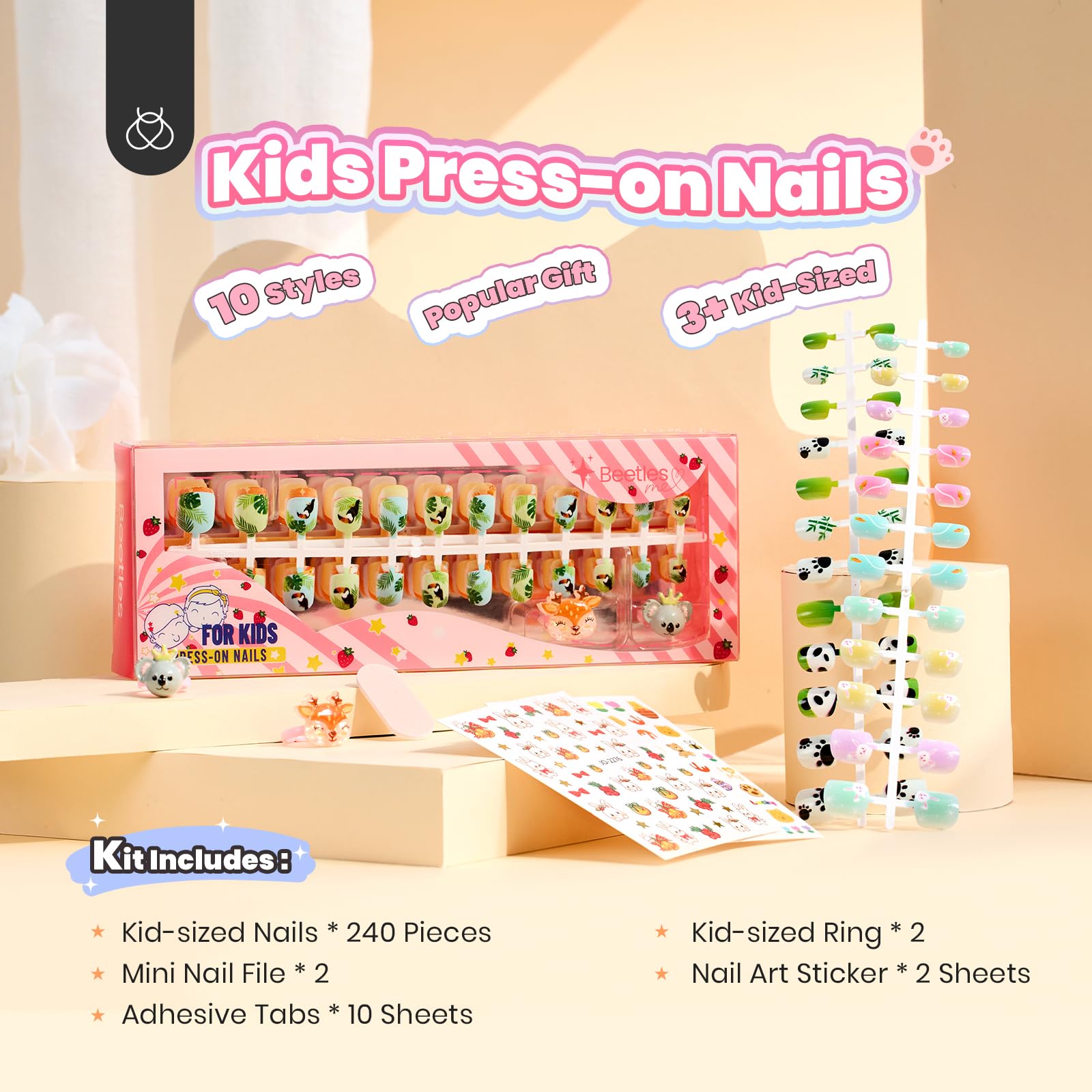 Beetles Kids Press on Nails 240PCS - Extra Short Fake Nail Kit with Animal Designs, Mini Nail File & Adhesive Tabs (10 Pack) | DIY Nail Art Gift for Girls | Perfect for Birthday Parties, Playdates & Dress-Up Fun