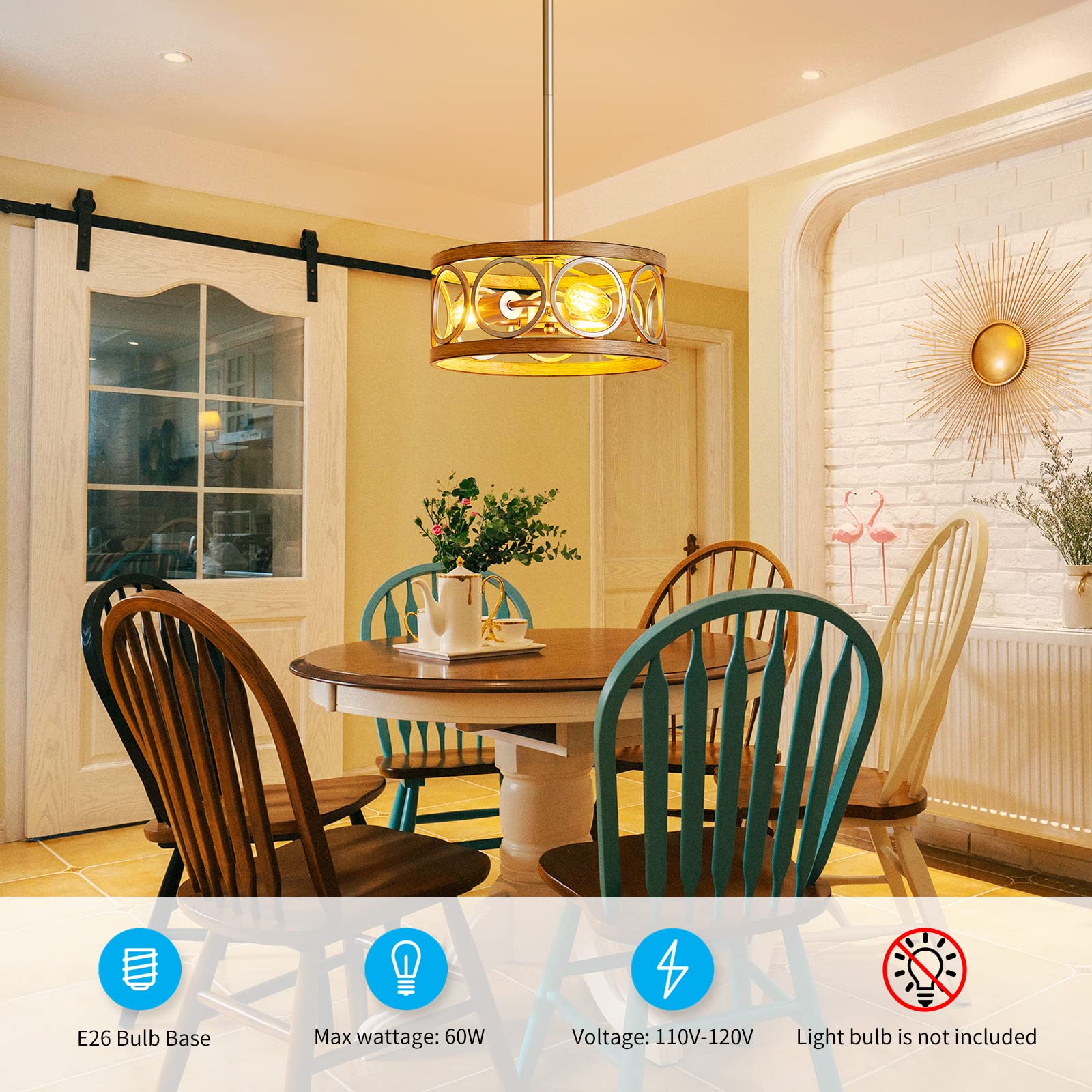 Modern Adjustable Height Pendant Light - Brushed Nickel & Wood Grain Metal 13