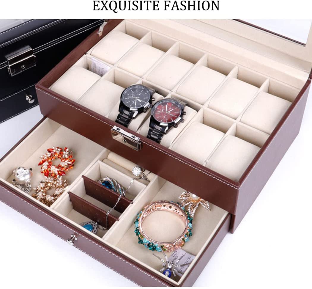 12-Slot PU Leather Lockable Watch and Jewelry Organizer Box - Brown | Secure Storage for Luxury Watches, Rings & Necklaces | Perfect for Travel, Home & Gift Giving