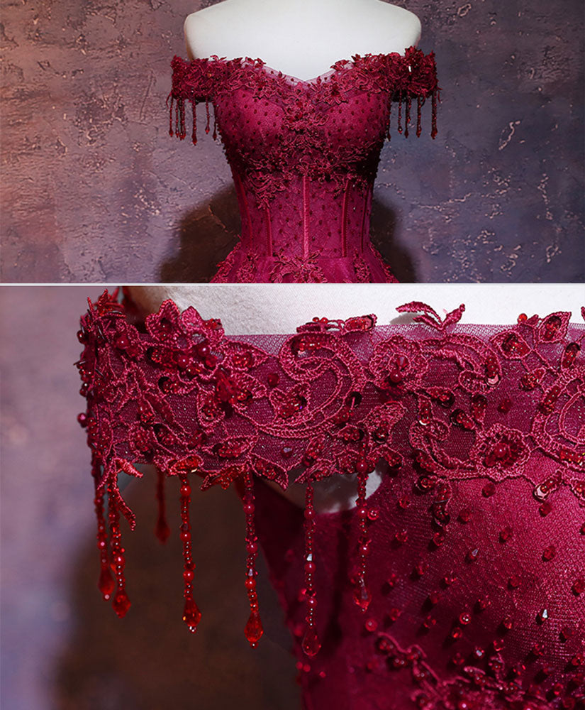 Elegant Burgundy Tulle Lace Off-Shoulder Long Prom Dress for Women - Formal Evening Gown for Homecoming, Wedding, and Special Occasions