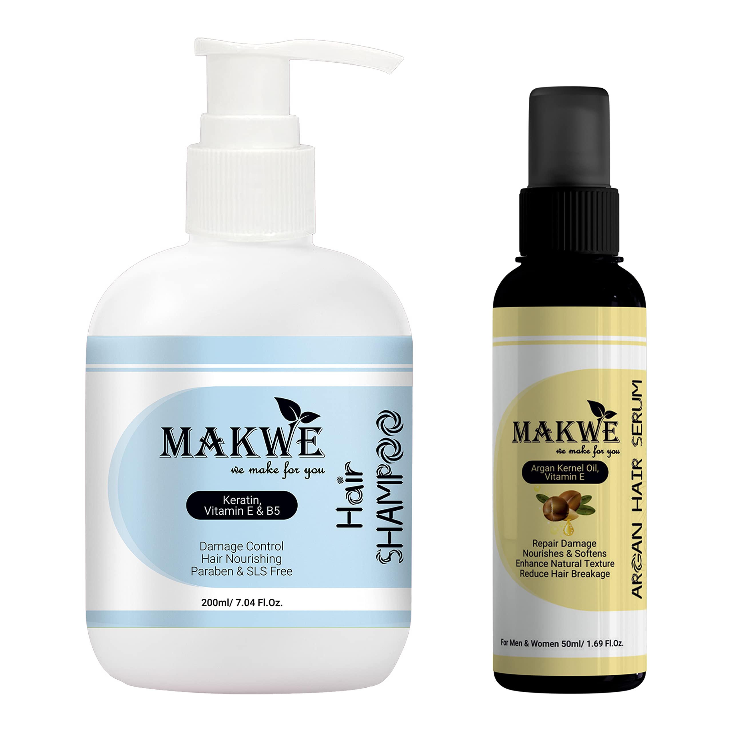 MAKWE Skin Science Vitamin E & B5 Shampoo with Argan Oil Hair Serum - Ultimate Hair Care 2 Piece Set for Dry, Damaged Hair | Deep Hydration & Repair for Shiny, Healthy Locks | Perfect for Daily Use & Salon-Quality Results at Home