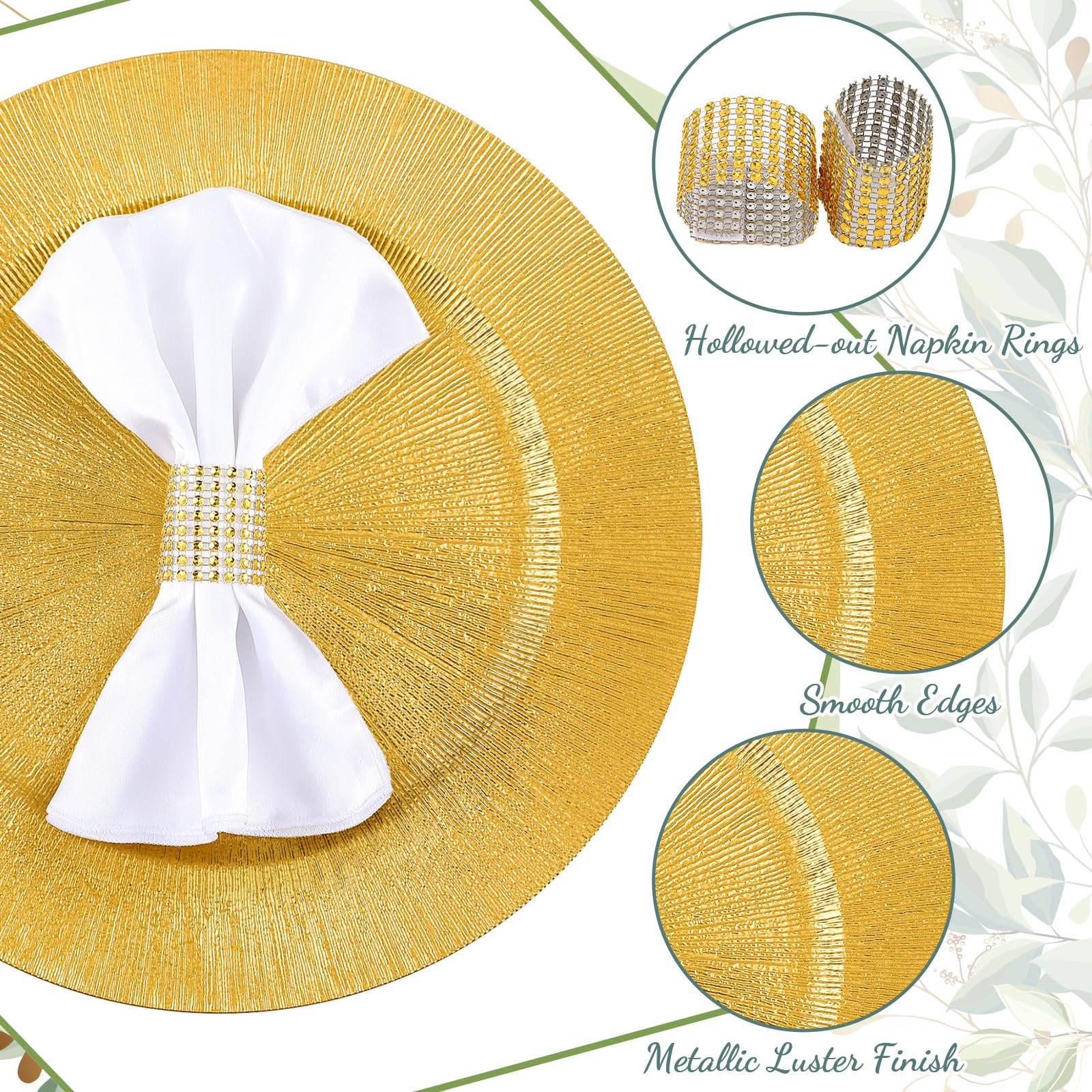 48-Piece Gold Charger Plates Set with Napkin Rings - 13 Inch Round Plastic Dinner Plates for Wedding, Party & Event Decorations - Elegant Table Setting for Formal Dinners, Bridal Showers & Holiday Celebrations
