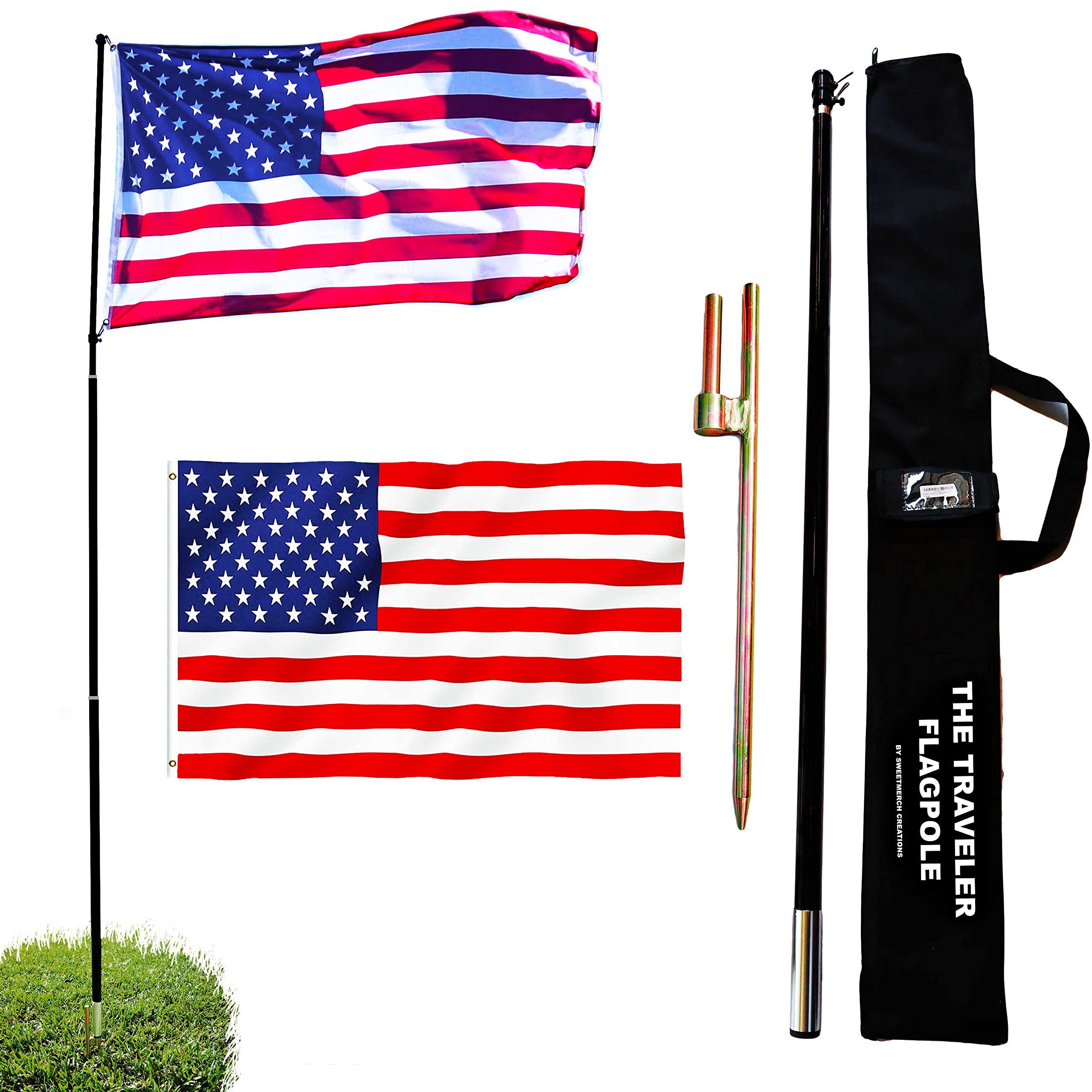 Portable Flag Pole Kit - 11ft Telescoping Fiberglass Pole with 1¼