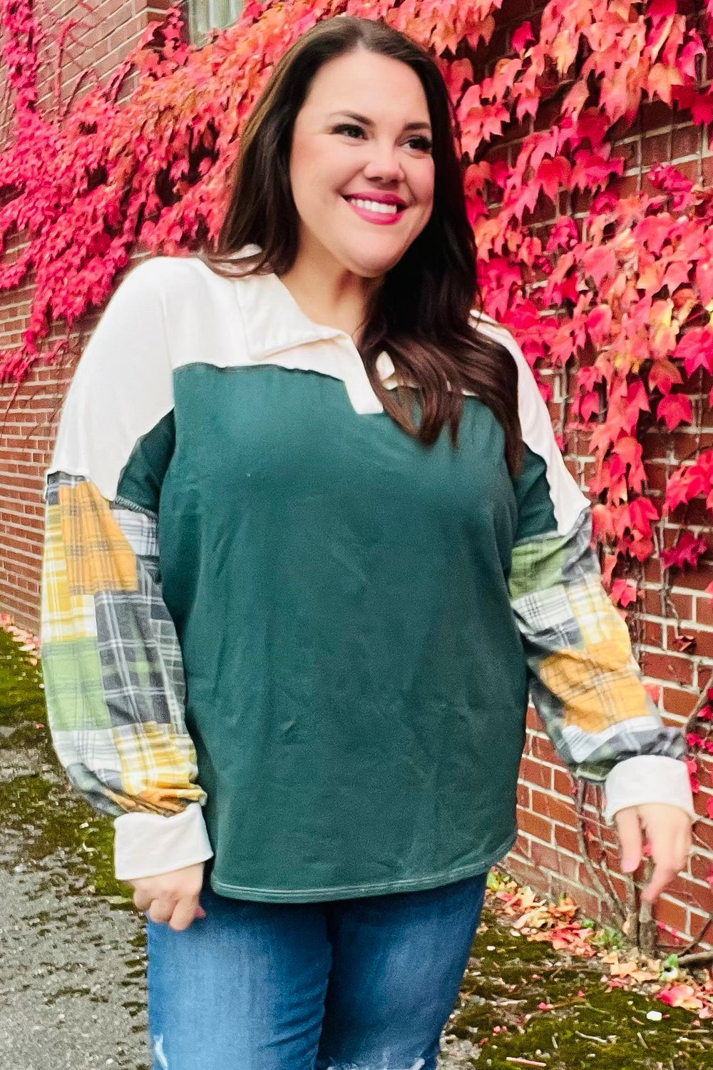 Fall For You Hunter Green Plaid Color Block Collared Terry Top - Women's Fashion Long Sleeve Shirt for Autumn Outfits, Casual Wear & Layering