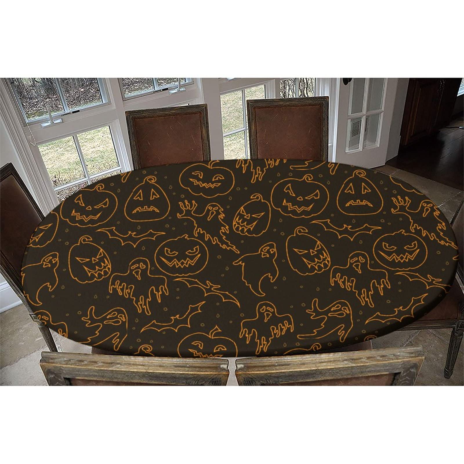 Halloween Pumpkin Elastic Edge Fitted Tablecloth - Windproof Polyester Oval Table Cover for Indoor Restaurant & Outdoor Terrace (Fits 36x60 Inches) - Perfect for Halloween Parties, Fall Decor & Dining Table Settings