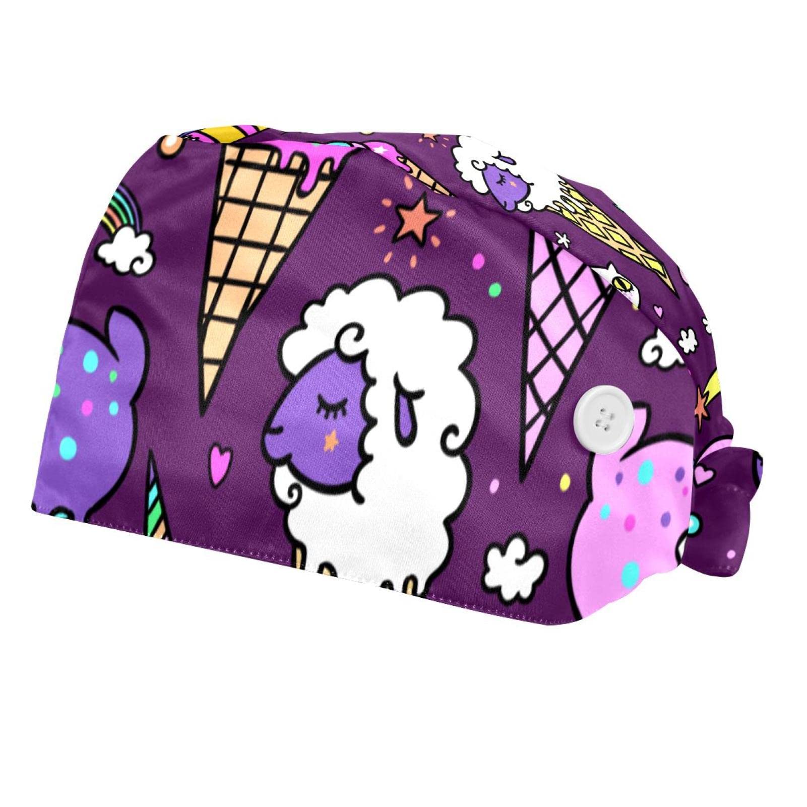 Adjustable Unicorn Ice Cream Print Bouffant Chef Hat with Button & Sweatband - Fun Kitchen Hat for Women & Men - Perfect for Baking, Cooking, Cosplay & Costume Parties