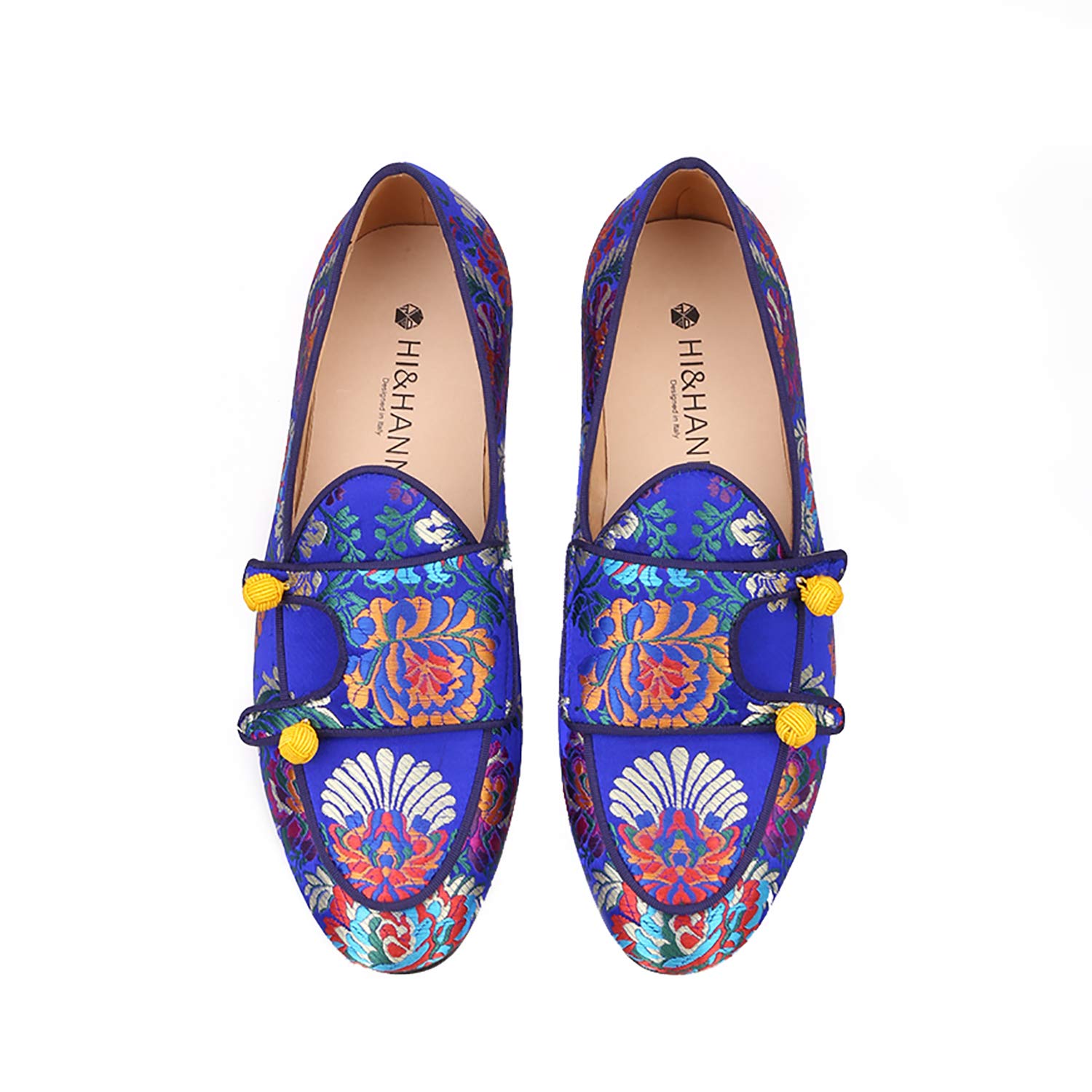 HI&HANN Men's Silk Loafers - Chinese Style Embroidered Flower Slippers for Wedding, Party & Formal Occasions - Comfortable Smoking Shoes for Indoor/Outdoor Wear