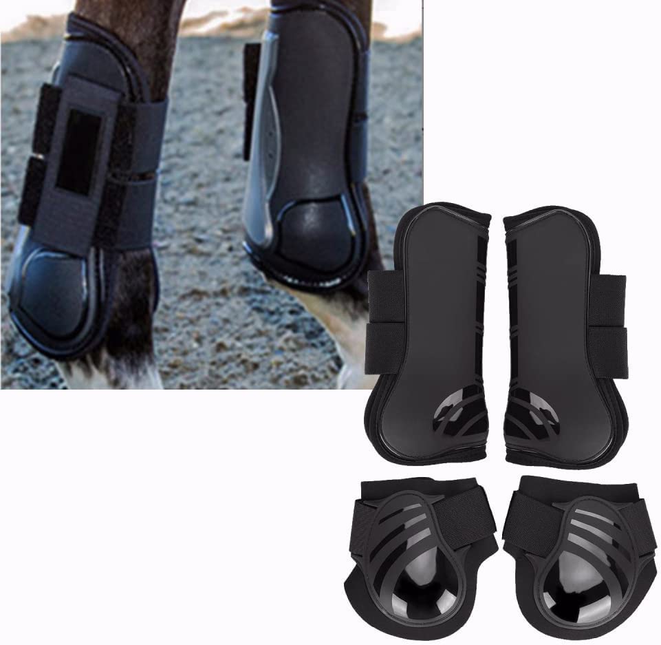 4Pcs Horse Leg Protectors - Elastic PU Front & Hind Leg Boots for Riding, Tendon & Fetlock Protection - Shock Absorbing Competition Leg Wraps (Large, Black) - Ideal for Show Jumping, Dressage & Trail Riding