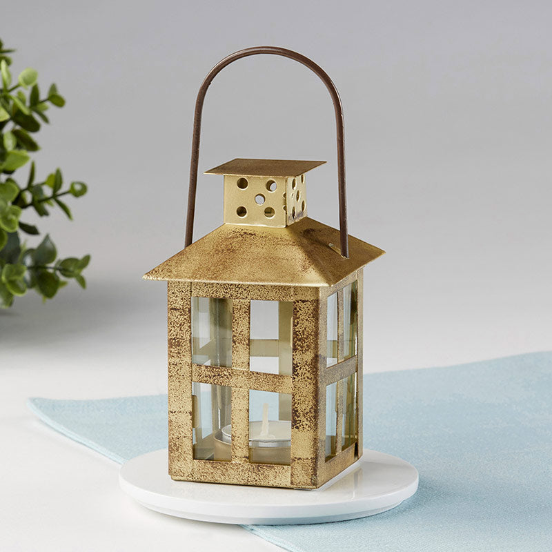 Vintage Antique Gold Distressed Lantern - Small Rustic Home Decor for Farmhouse, Garden, and Outdoor Lighting