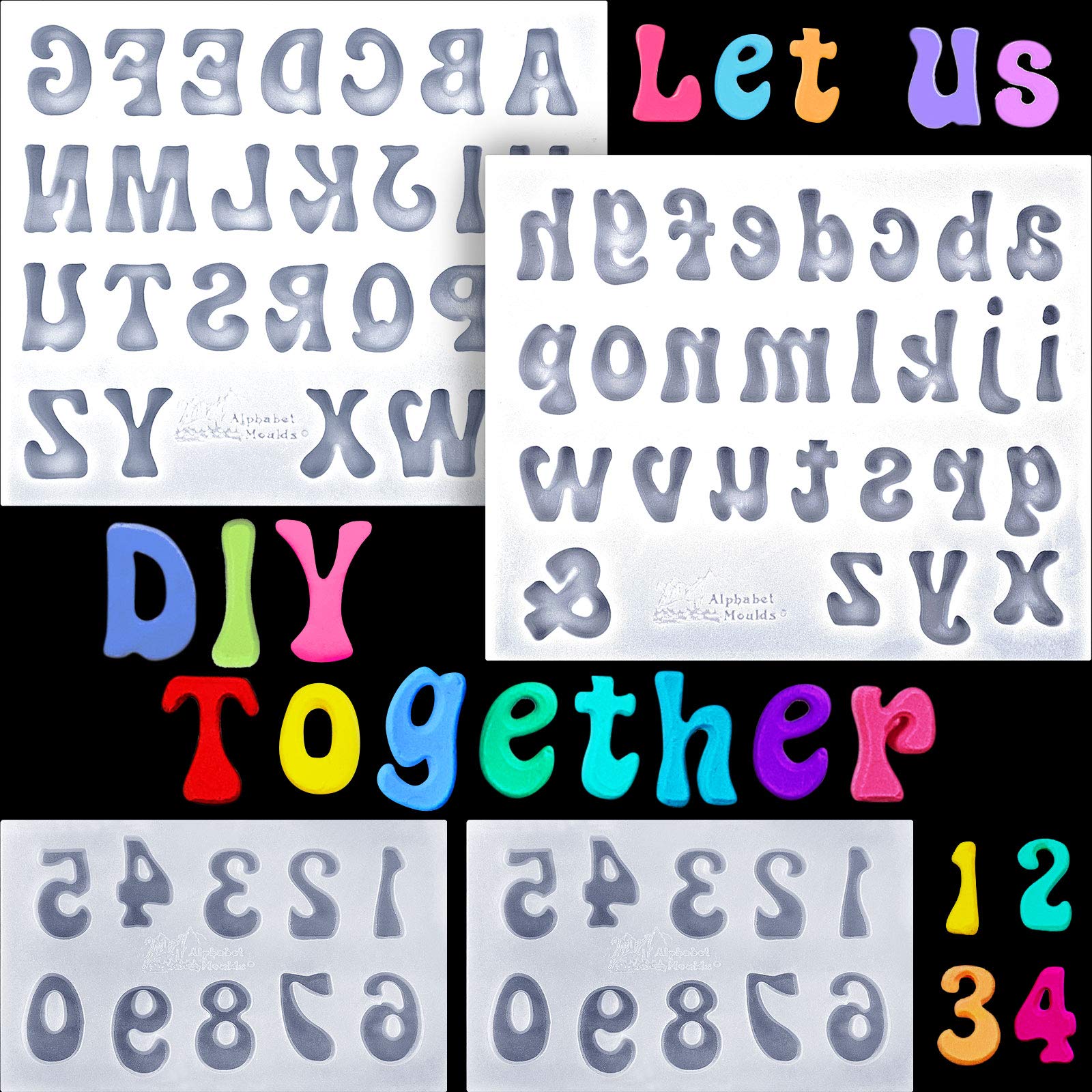 4-Piece Silicone Letter and Number Molds Set - Lowercase, Uppercase & 0-9 for Fondant, Chocolate, Soap, Ice Cubes - 0.7 Inch Transparent Molds - Perfect for Baking, DIY Crafts & Party Decorations