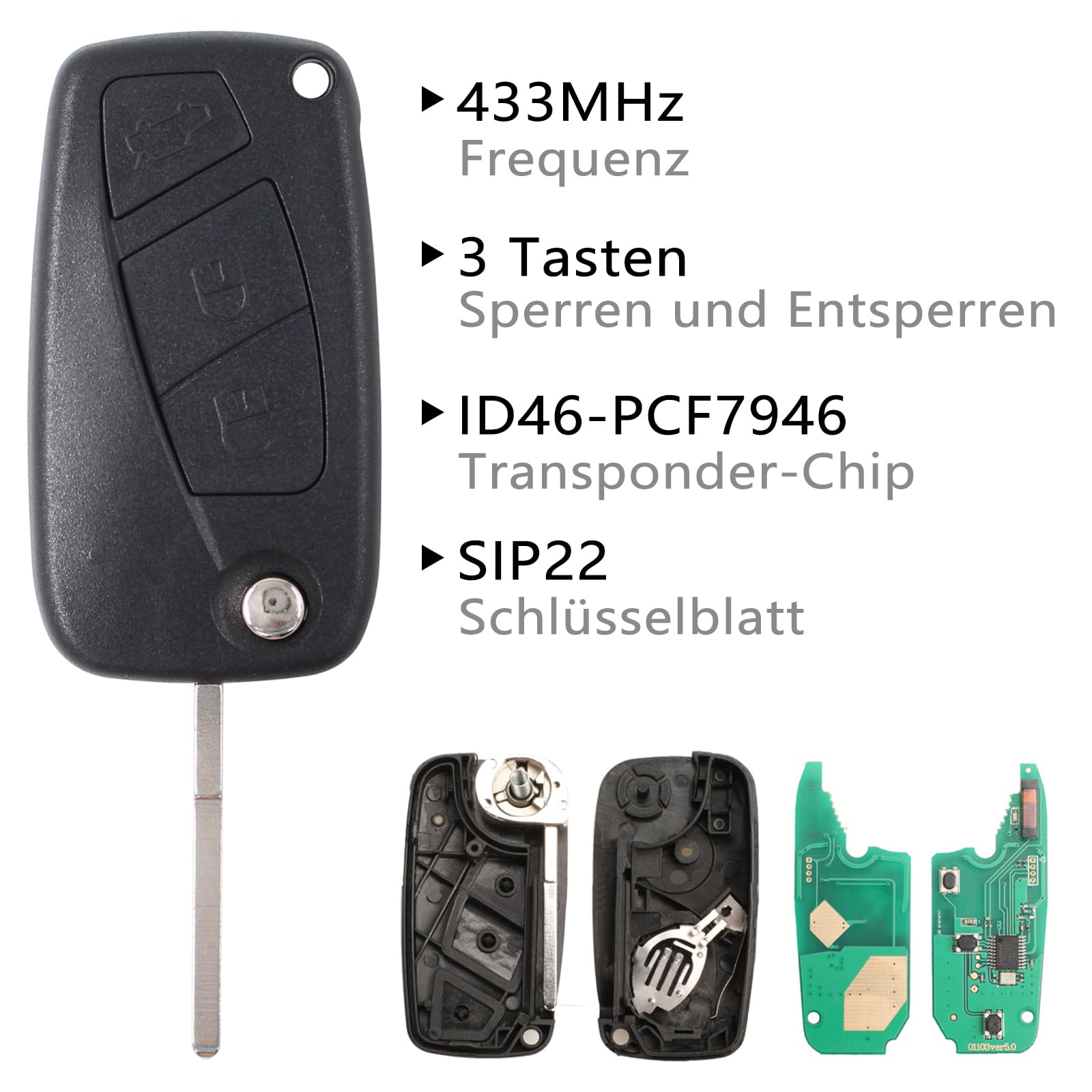 433MHz Remote Car Key Fob with 3 Buttons & Transponder for Fiat Grande Punto, Panda, Ducato, Ulysse, Bravo, Stilo - Replacement Key Shell with Battery & Electronic Card (Perfect for Key Replacement & Vehicle Security)