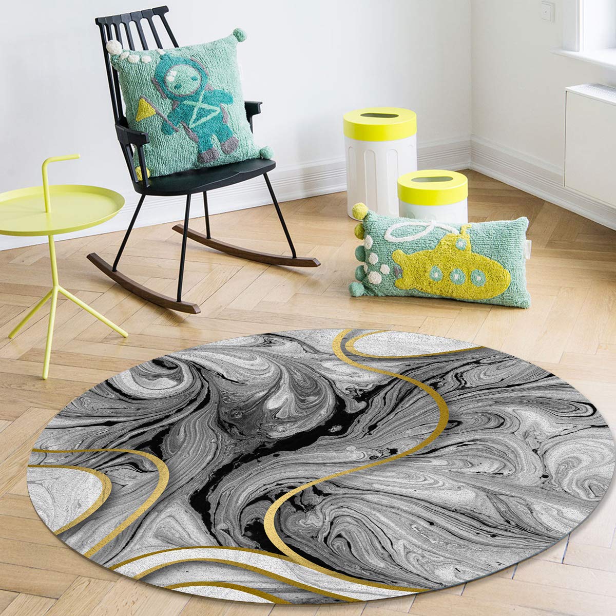 Olivefox Round Area Rugs - Abstract Gray Gold Marble Textured Super Soft Indoor Stain-Resistant Carpet Floor Mat, Non-Skid Runner Rug for Living Room, Bedroom, Dining Room (4 Feet) - Perfect for Home Decor, Office Spaces & High-Traffic Areas