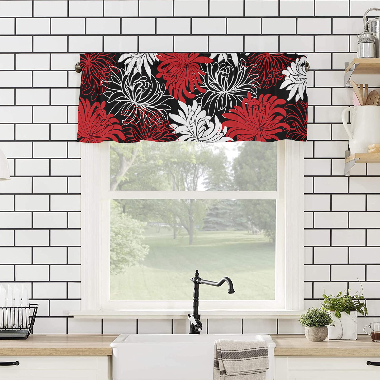 Floral 1 Panel Kitchen Curtain Valance with Rod Pocket - 54x18 Inch Insulated Blackout Window Drape for Bathroom or Small Windows (Chrysanthemum Flower Red/Black/White) - Perfect for Privacy, Light Control & Home Decor