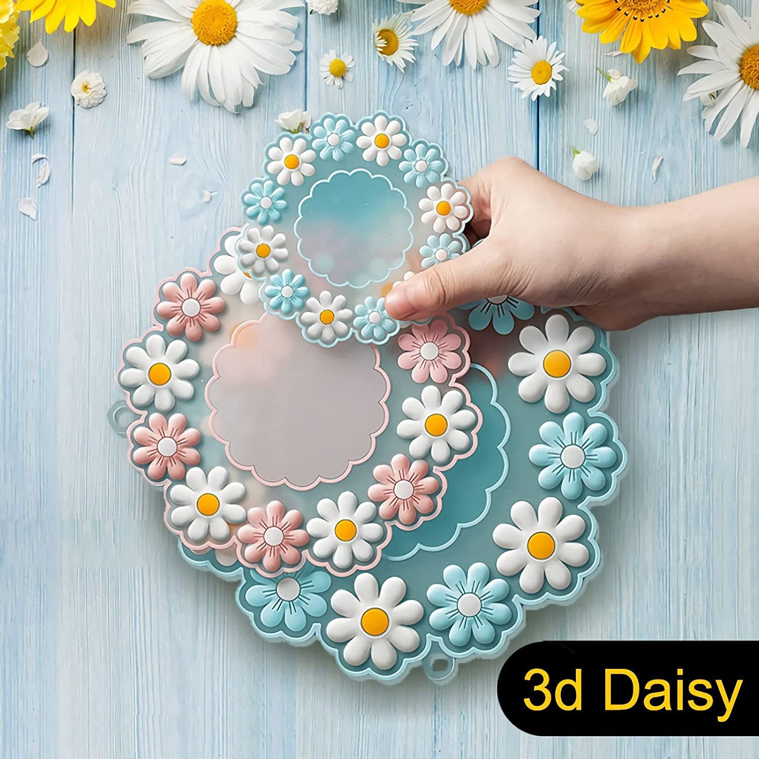 Non-Slip Heat Resistant Silicone Coasters Set of 3 - 10x10cm Round Blue Daisy Flower Design Trivet Mats for Dining Table, Hot Pots, Bowls & Dishes - Perfect for Home, Kitchen, Office and Party Use