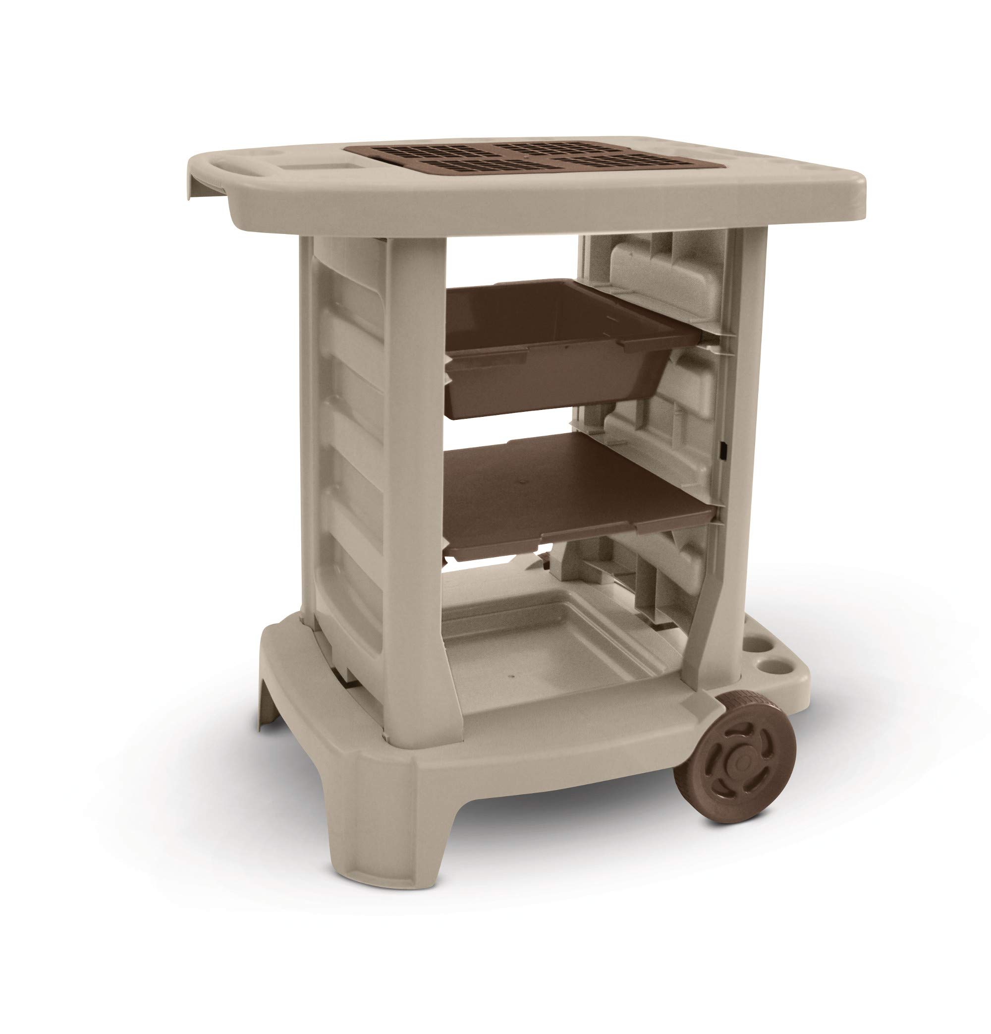 Suncast Portable Outdoor Garden Cart - Heavy Duty Resin Utility Wagon with Wheels for Gardening, Landscaping & Yard Work - Organize Tools, Plants & Supplies - Perfect for Home Garden, Patio & Backyard Projects (Taupe)