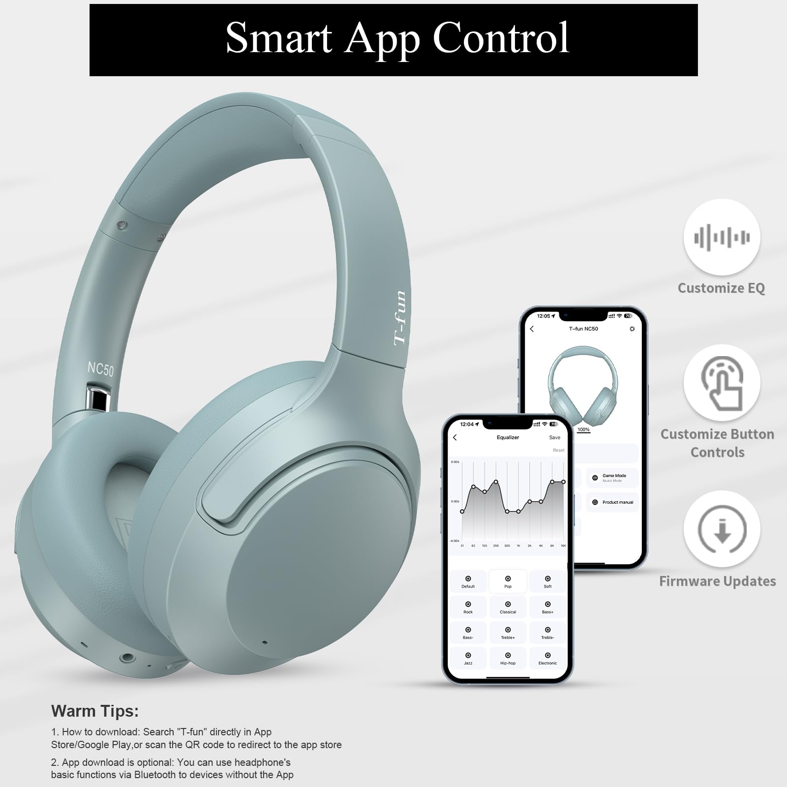 T-fun NC50 Hybrid Active Noise Cancelling Wireless Bluetooth 5.3 Headphones - Foldable Over Ear Design with App Custom EQ, 65H Playtime, Low Latency Gaming Mode & Multipoint Connection - Perfect for Travel, Work & Gaming