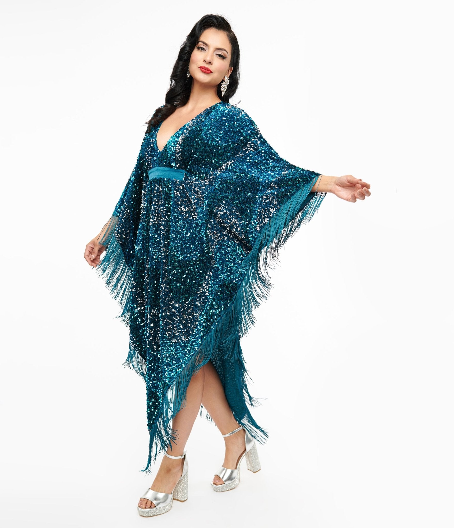 Vintage 1970s Teal Sequin Fringe Caftan Dress by Smak Parlour - Boho Chic Party Dress for Women, Perfect for Festivals, Beach Cover-ups & Evening Events