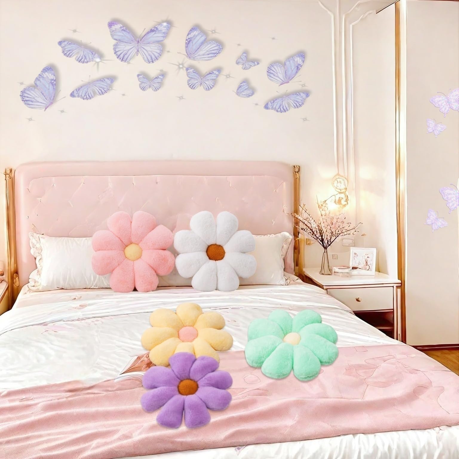 2 Pack Daisy Flower Throw Pillows - Preppy Aesthetic Decor for Teen Girls Bedroom, Sofa & Chair - Soft Pink & White Decorative Cushions for Cozy Home & Dorm Room Decor