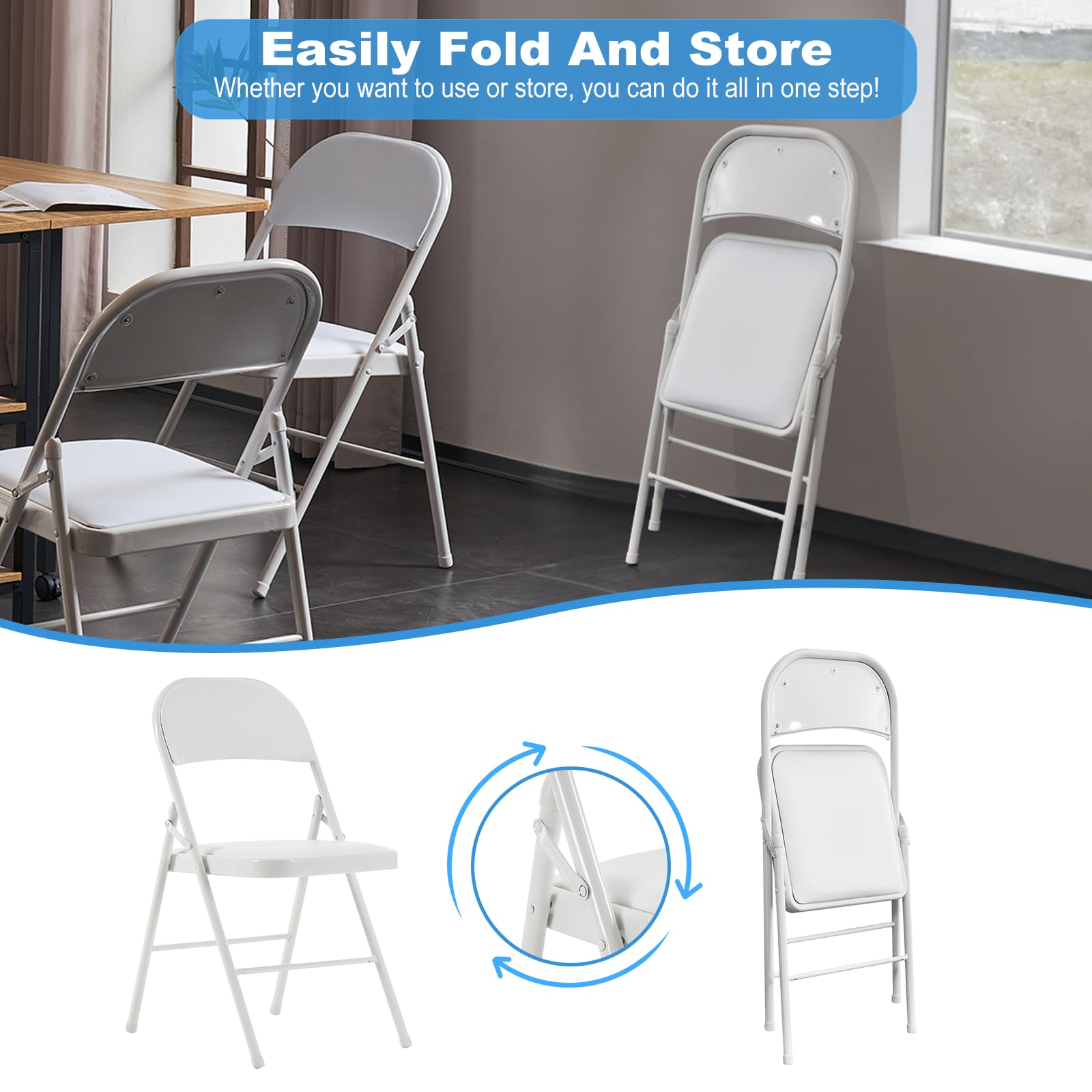 4 Pack White Folding Chairs with Padded Seat & Back Cushion - Heavy Duty Steel Frame, Portable & Stackable - Perfect for Weddings, Parties, Offices, and Indoor/Outdoor Events