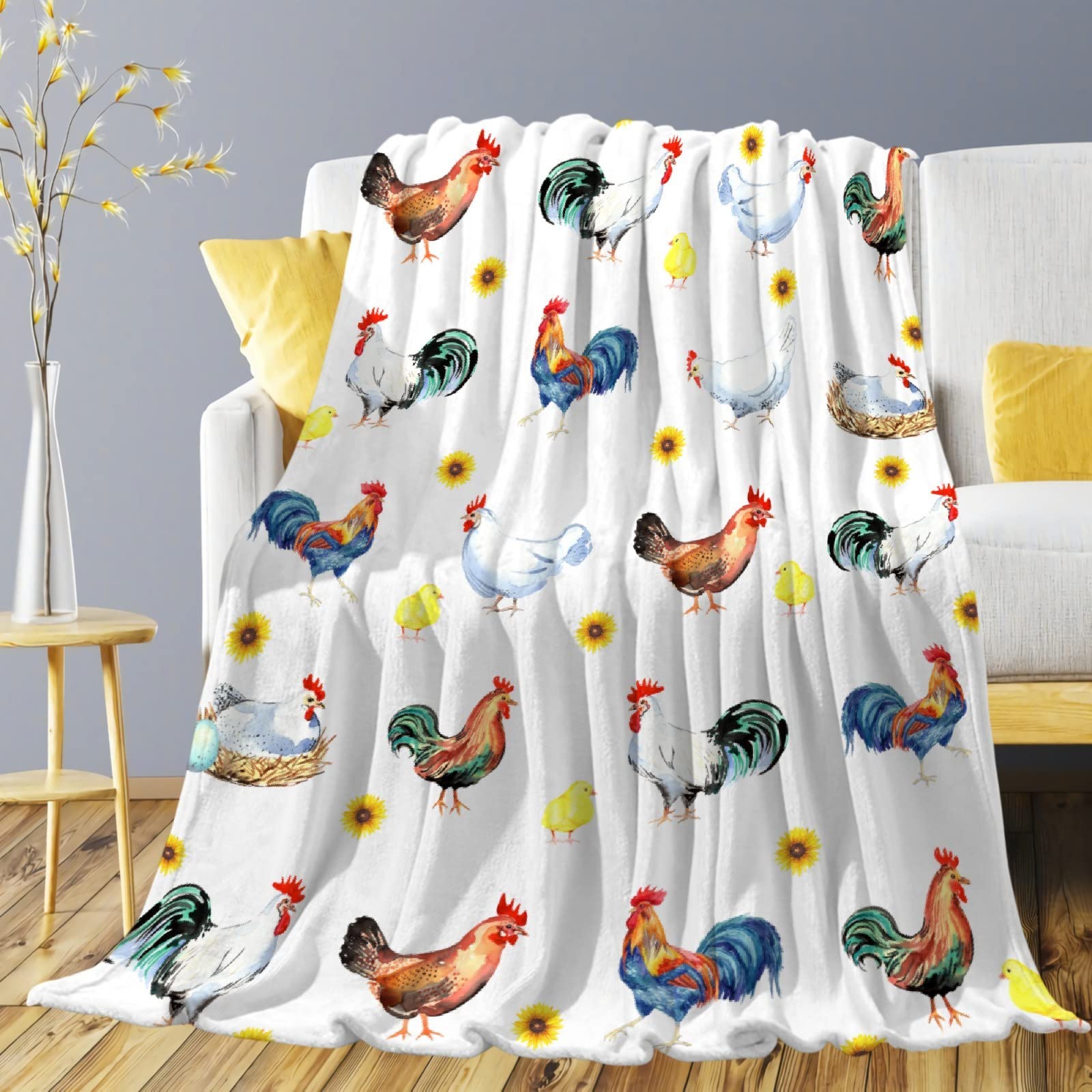 Yukisbea Sunflower Rooster Chickens Flannel Throw Blanket - Super Soft Fluffy Plush Bed Blanket for Couch, Sofa, Travel & Camping - All Seasons Home Decor Quilt 90