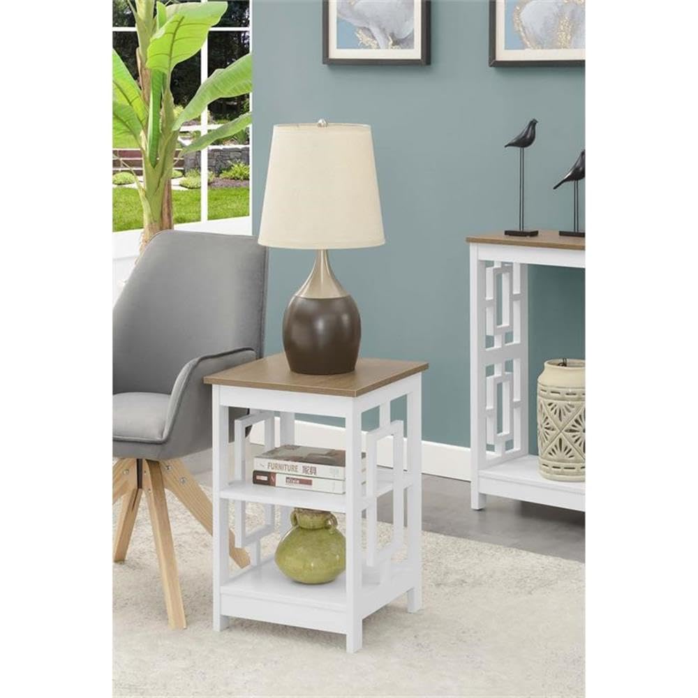 Pemberly Row White Wood End Table with Driftwood Top & Shelves - Perfect for Living Room, Bedroom, or Office Storage Decor