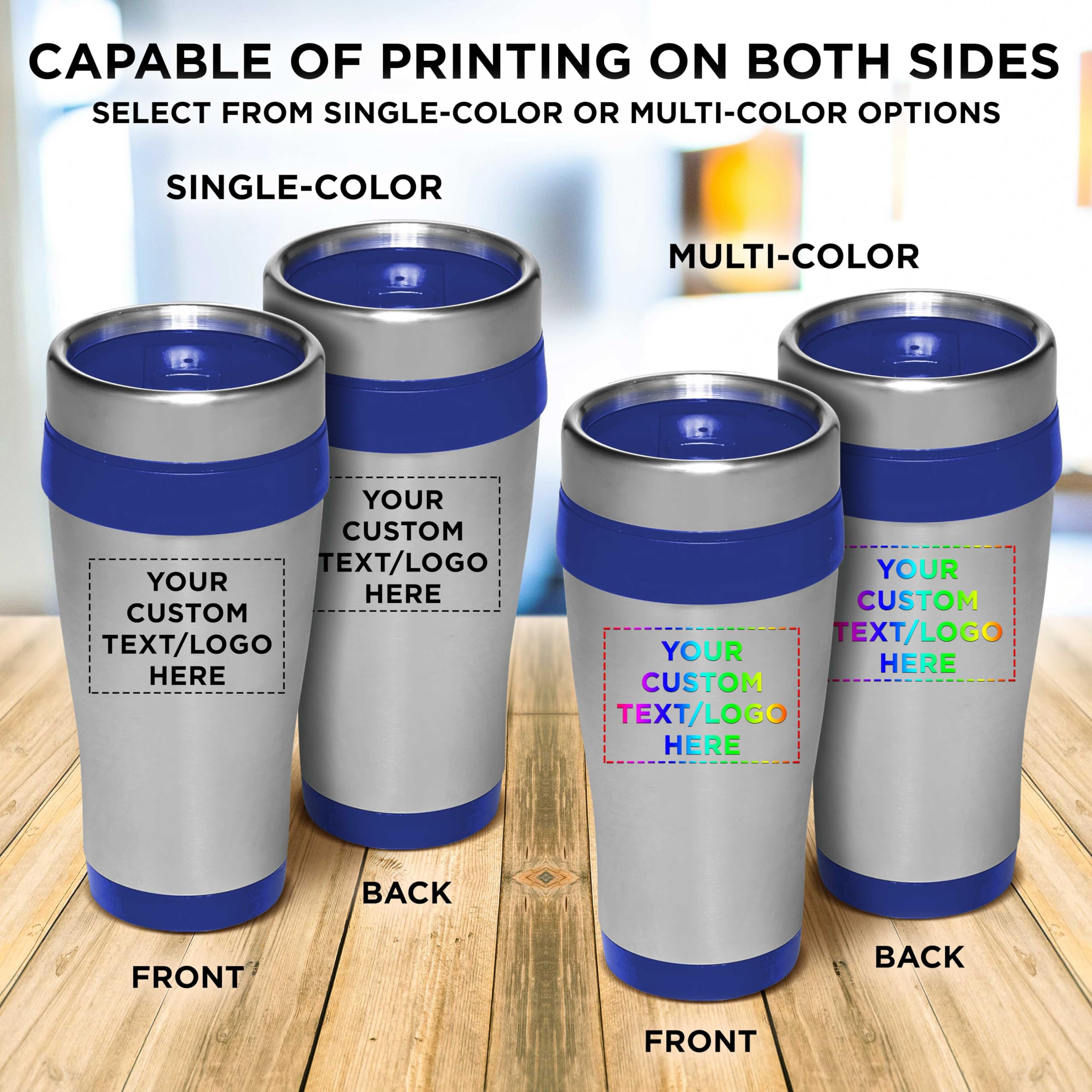 Custom Insulated Stainless Steel Travel Mugs 16 oz (50-Pack) - Personalized Bulk Coffee Cups for Hot & Cold Beverages - Reusable Drinkware for Office, Events, Promotions & Gifts - Blue