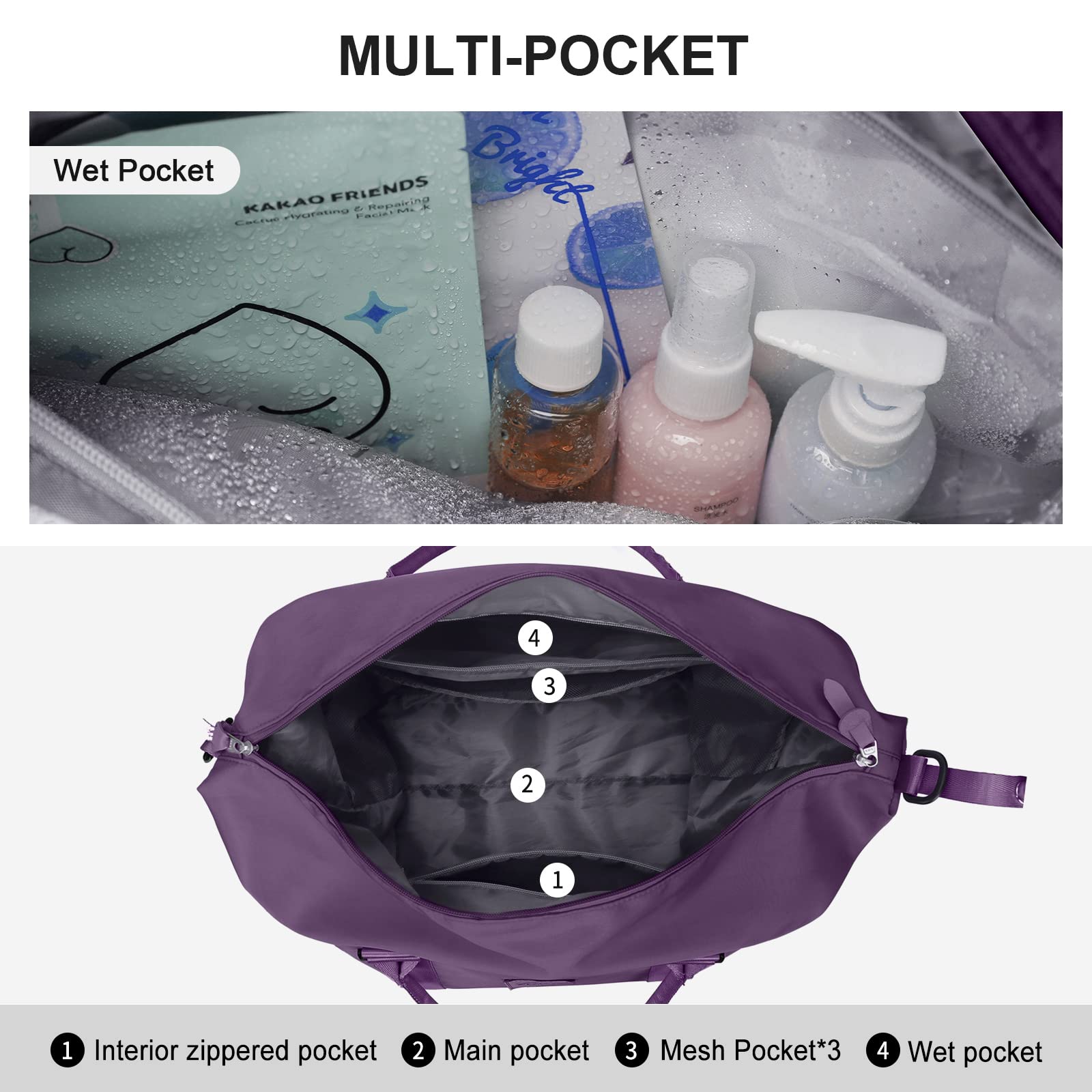 Dark Purple Travel Duffel Bag with Toiletry Pouch - Waterproof Sports Gym Tote & Shoulder Weekender Overnight Bag for Women - Perfect for Gym, Travel, Weekend Getaways & Business Trips