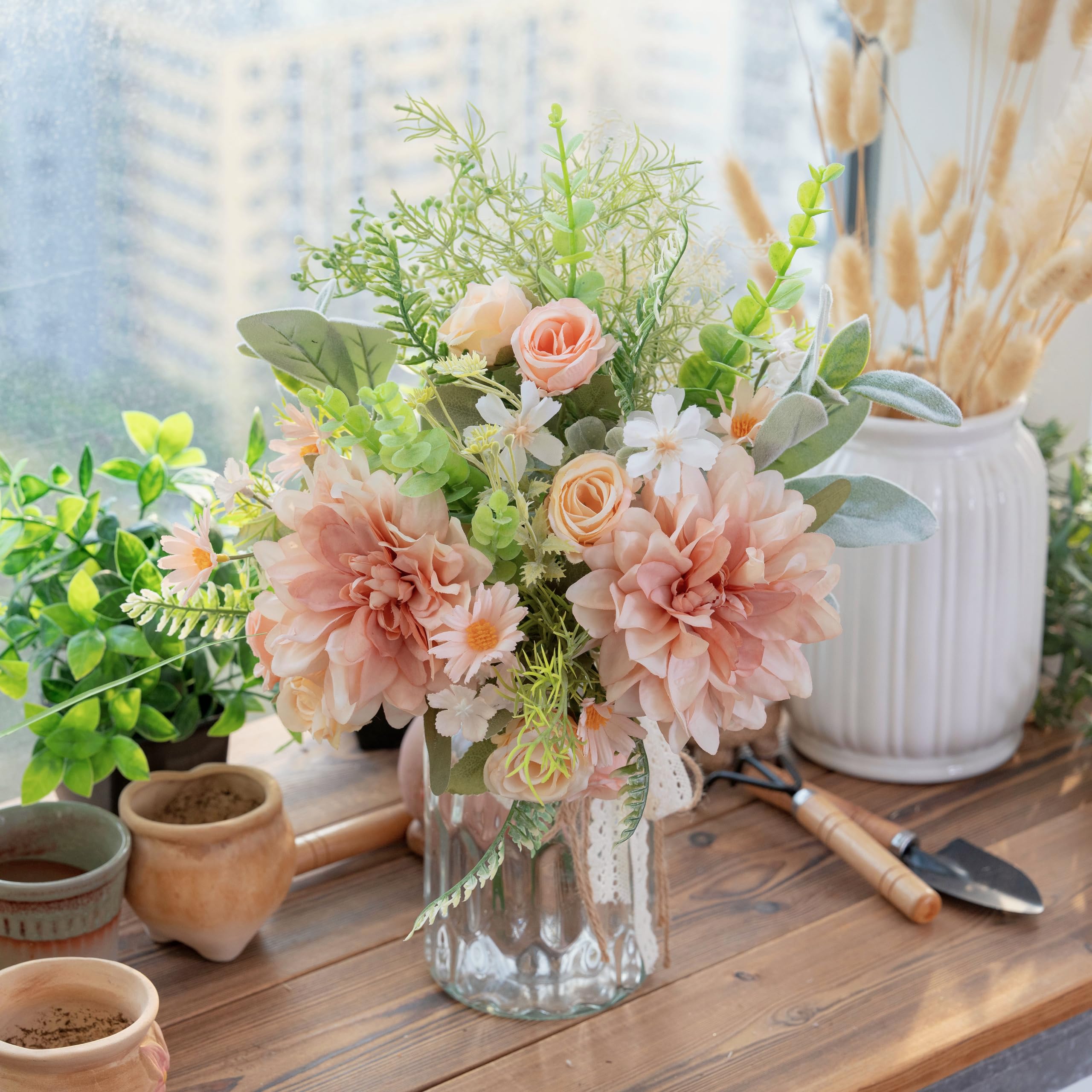 LUEUR Artificial Silk Rose and Hydrangea Bouquet in Vase - Pink Dahlia Floral Arrangement for Home Decor, Wedding Centerpiece, Spring Table Decorations | Perfect for Living Room, Dining Table, Office Desk Decor