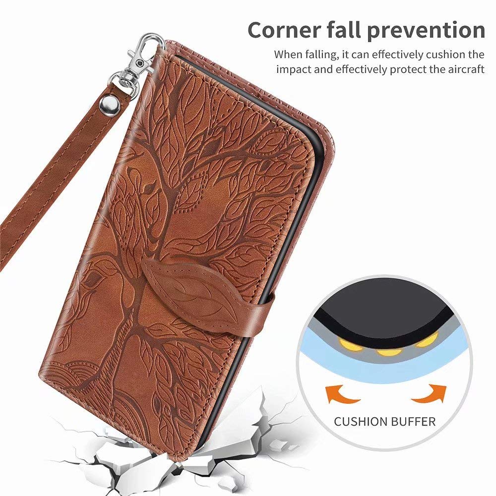 Premium PU Leather Wallet Case for Samsung Galaxy Note 9 - Embossed Tree Design, Folio Flip Cover with Kickstand, Card Slots & Wrist Strap | 6.4 inch Protective Phone Cover (R-Brown) | Perfect for Business, Travel & Everyday Use