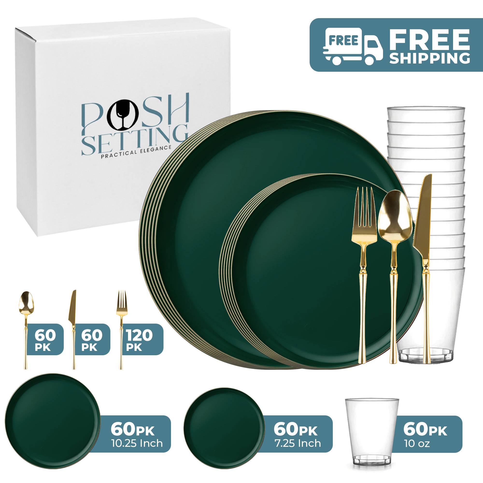 Emerald and Gold Premium Plastic Party Bundle - Elegant Disposable Tableware Set for Weddings, Birthdays & Special Events