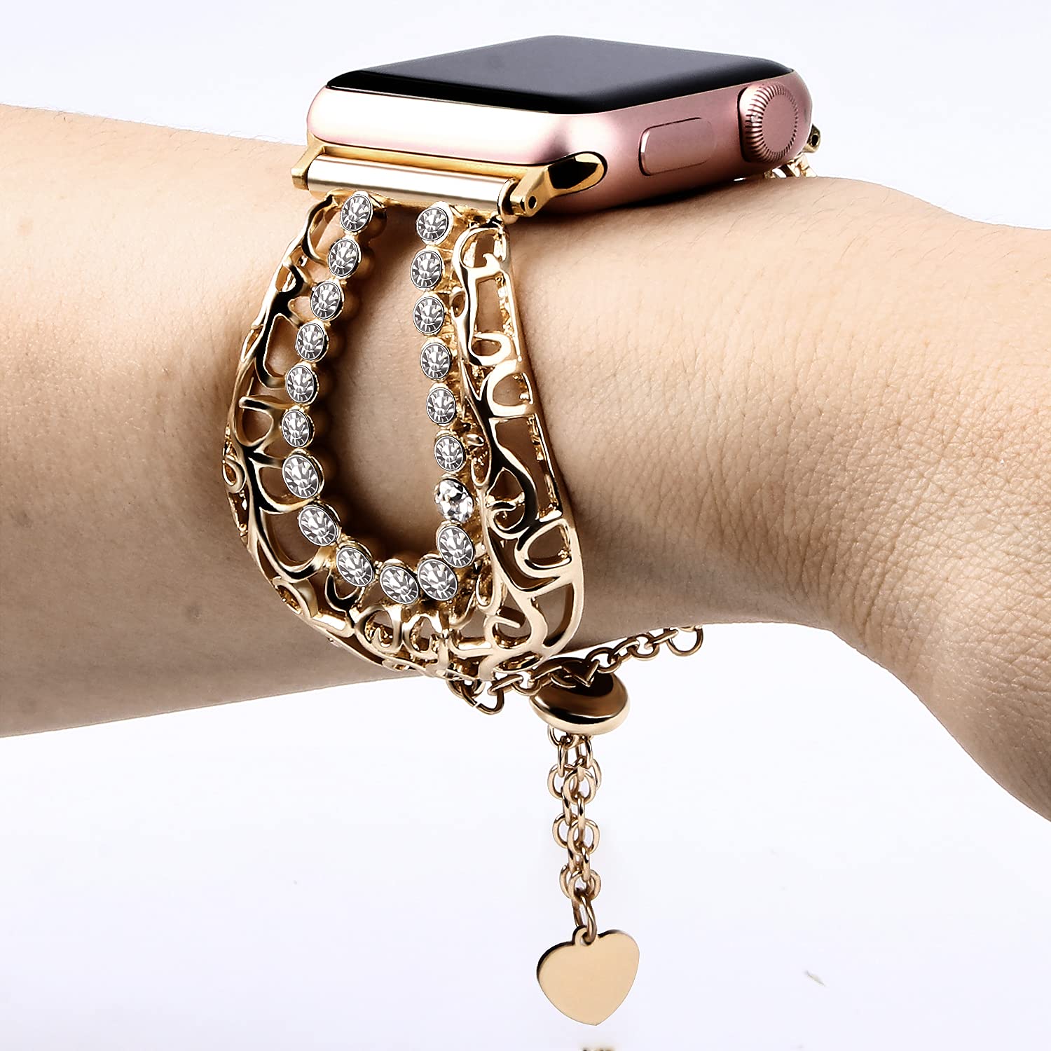 Luxury Rhinestone Stretch Band Compatible with Apple Watch Ultra/Series 8/7/6/5/4/3/2/1/SE (38mm-49mm) - Sparkling Bling Metal Charm Strap for Women - Perfect for Parties, Weddings & Special Occasions
