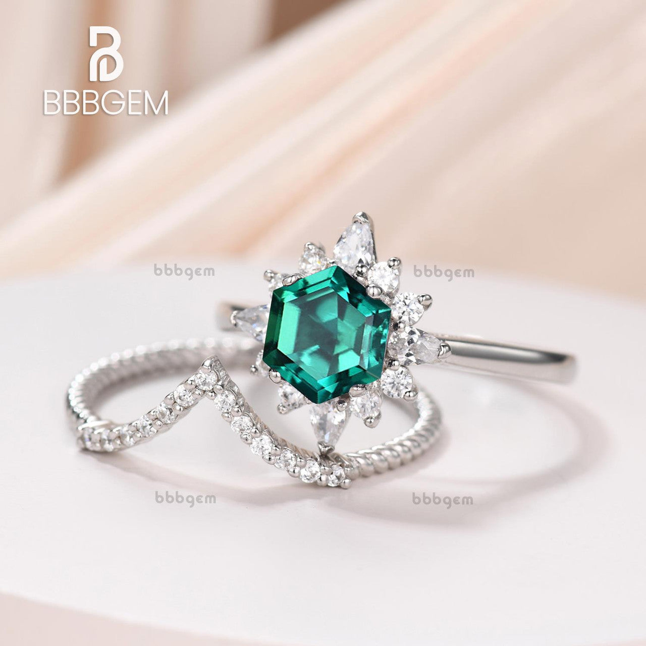 Hexagon Lab Emerald Silver Ring Set - White Gold Plated Curved Elongated Rope Diamond Chevron Band for Women - Perfect for Weddings, Anniversaries & Special Occasions