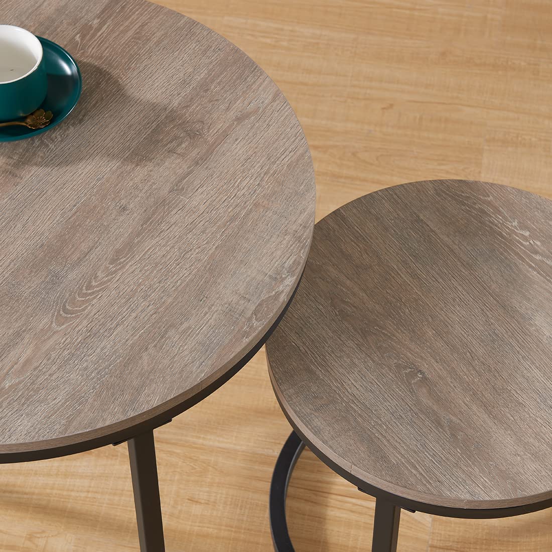 CENSI 23.6-Inch Grey Oak Round Nesting Coffee Table Set - Modern Industrial Wood & Metal Side Tables for Living Room, Lounge, Office - Space-Saving Home Decor (Grey Wash Finish)