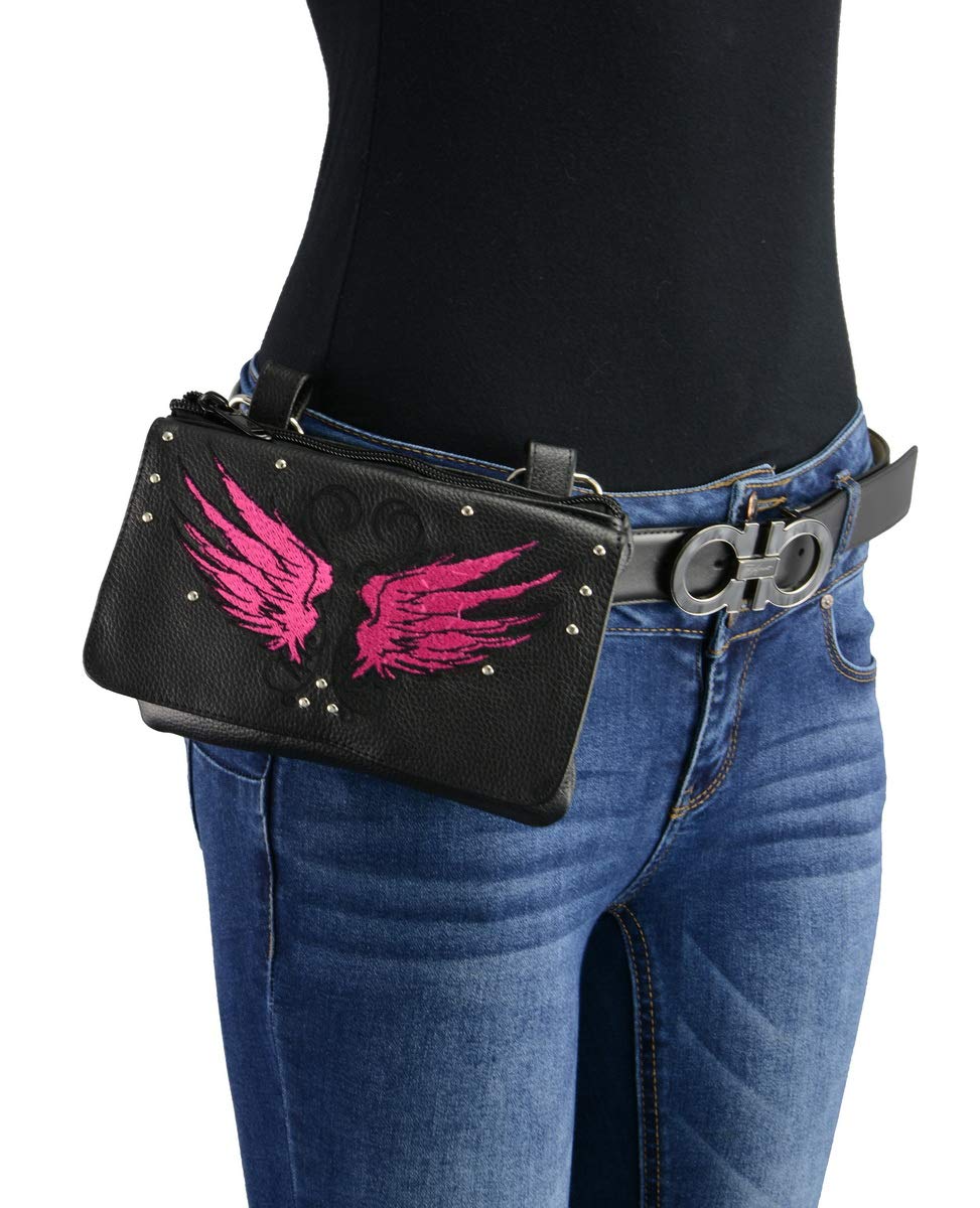 Milwaukee Leather MP8850 Women's Winged Leather Belt Bag - Black & Pink Multi-Pocket Waist Pack for Travel, Hiking & Everyday Use