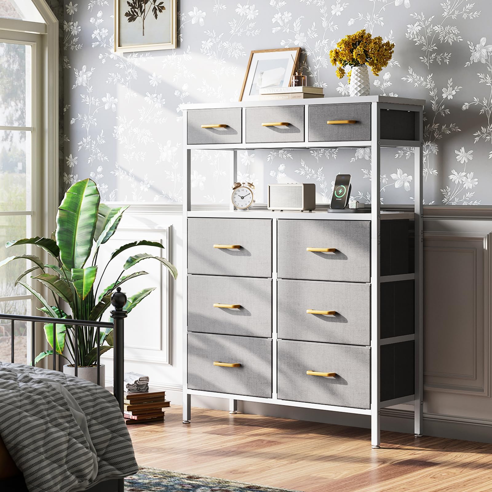 AODK 52-Inch Tall Dresser with Charging Station & 9 Storage Drawers - Light Grey Fabric Dresser for Bedroom, Hallway, or Living Room - Perfect for Organizing Clothes, Accessories & Electronics