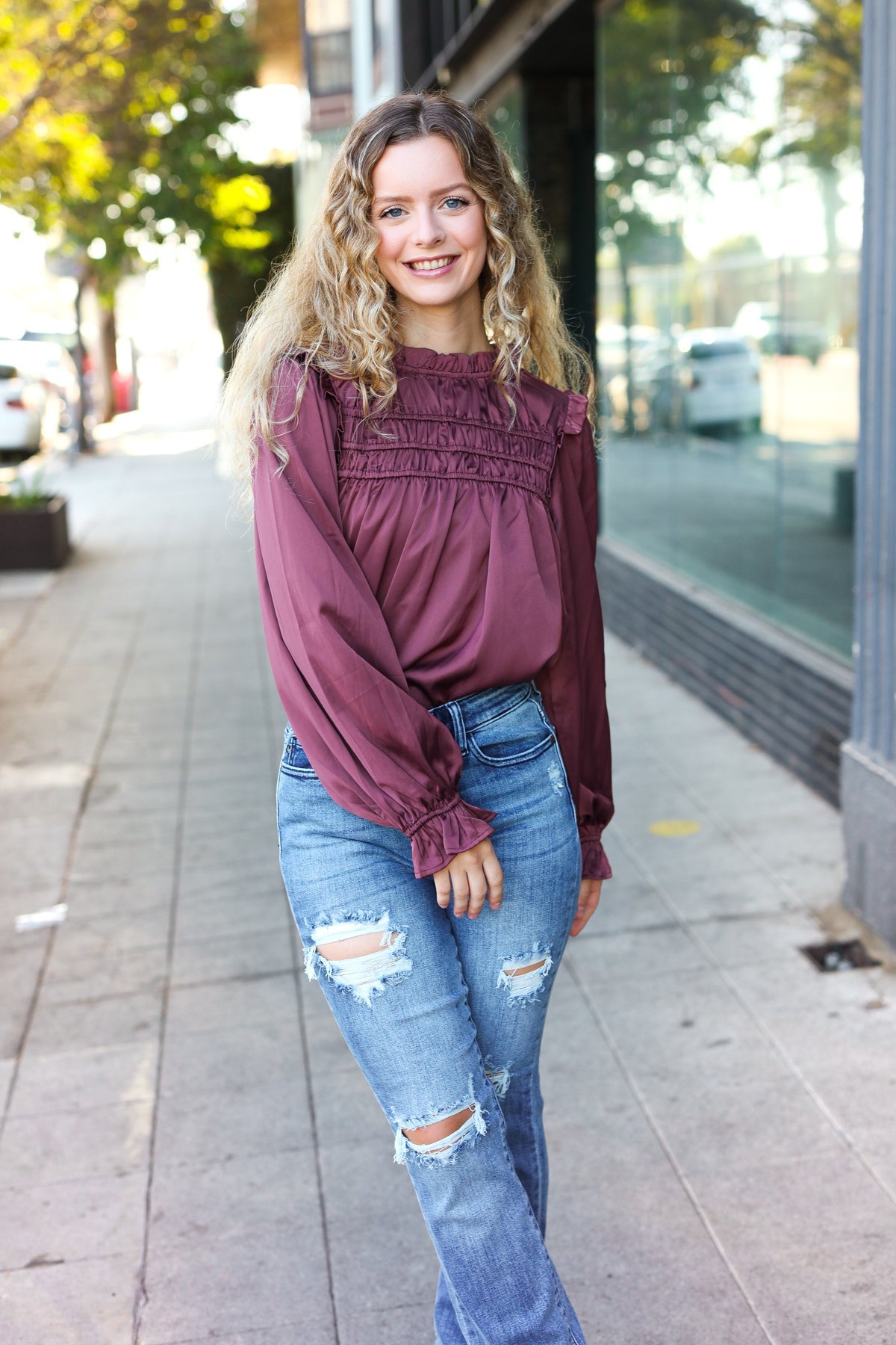 Stylish Wine Satin Shirred Yoke Frilled Mock Neck Top for Women | Elegant Blouse for Date Night, Parties & Special Occasions